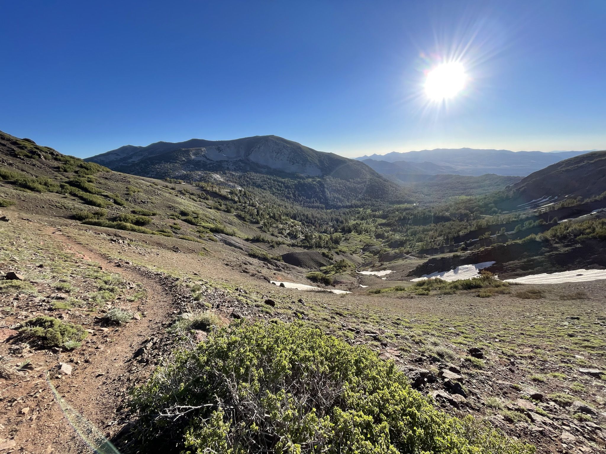Sunny mountain valley with a dirt trail, sparse vegetation, and distant peaks. - Sonora Peak Trail