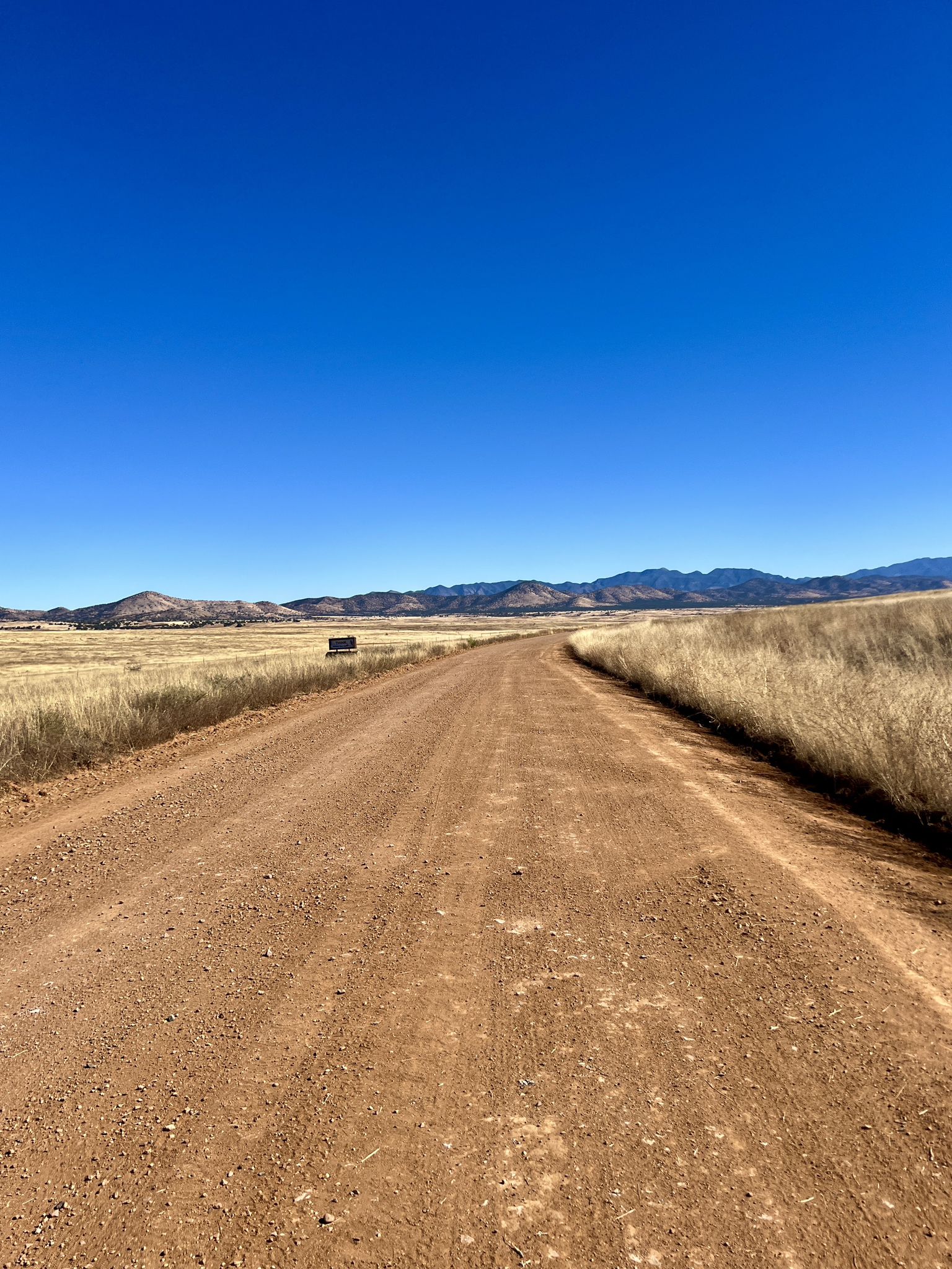 A long dirt road through dry fields towards mountains under a clear blue sky. - Apache Road (Gravel) loop from Double Tank