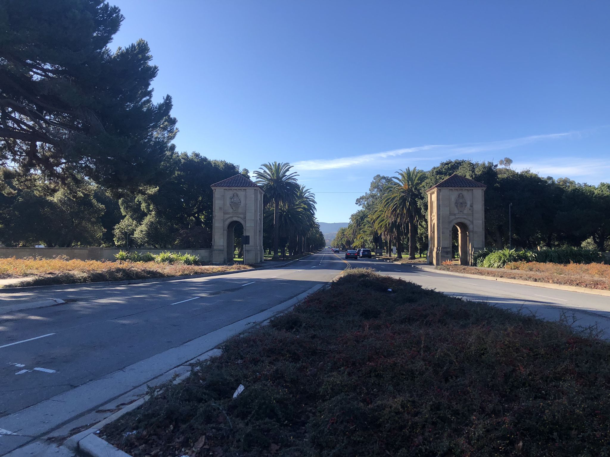 Two stone archways flank a wide road lined with palm trees. - Palm Drive via Quarry Road loop