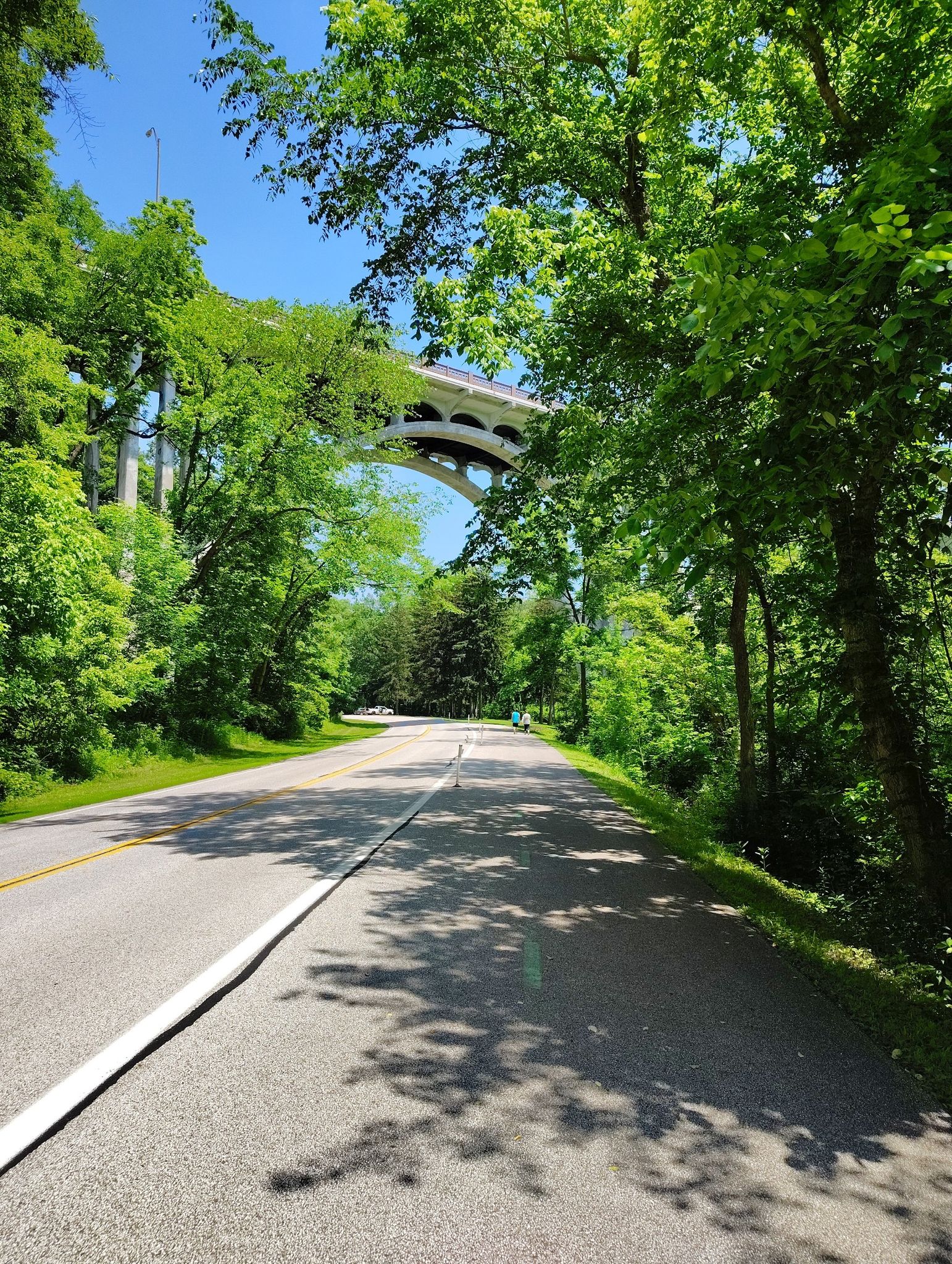 Paved road leading to a large arched bridge, surrounded by bright green trees. - Rocky River Nature Center loop from Fairview Park