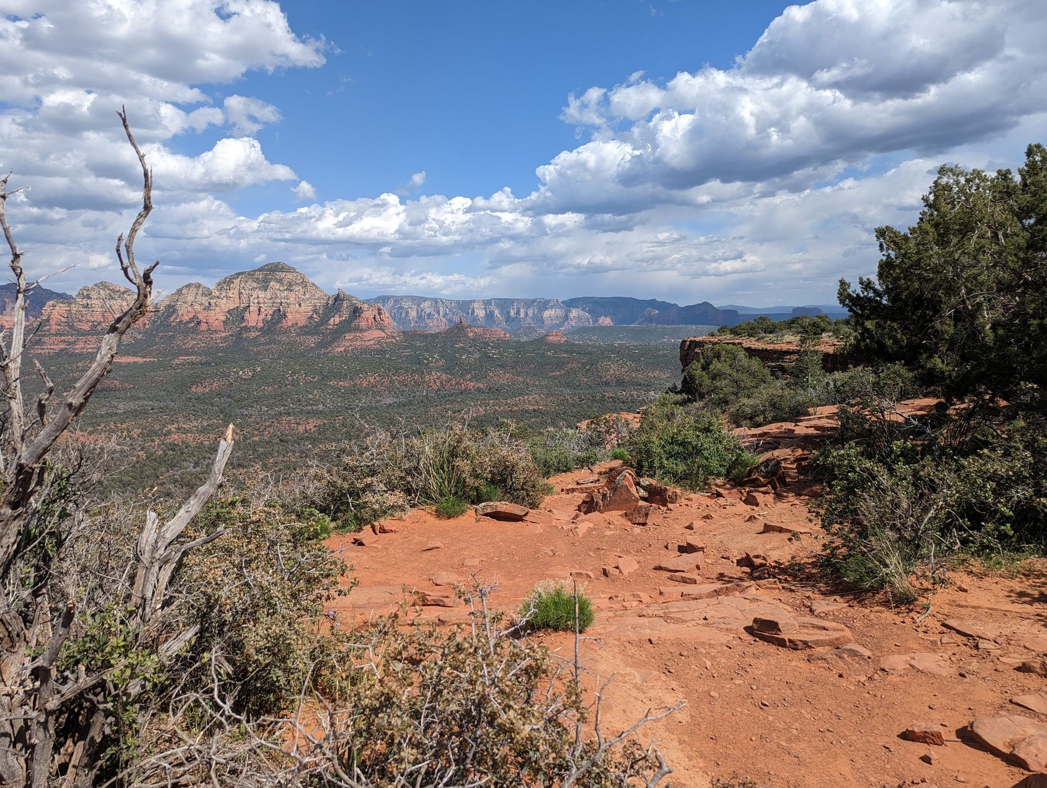 Red dirt foreground with sparse bushes, distant red rock mountains under cloudy sky. - Fay Canyon Trailhead – Boynton Canyon Trailhead loop from Sedona Wetlands Preserve