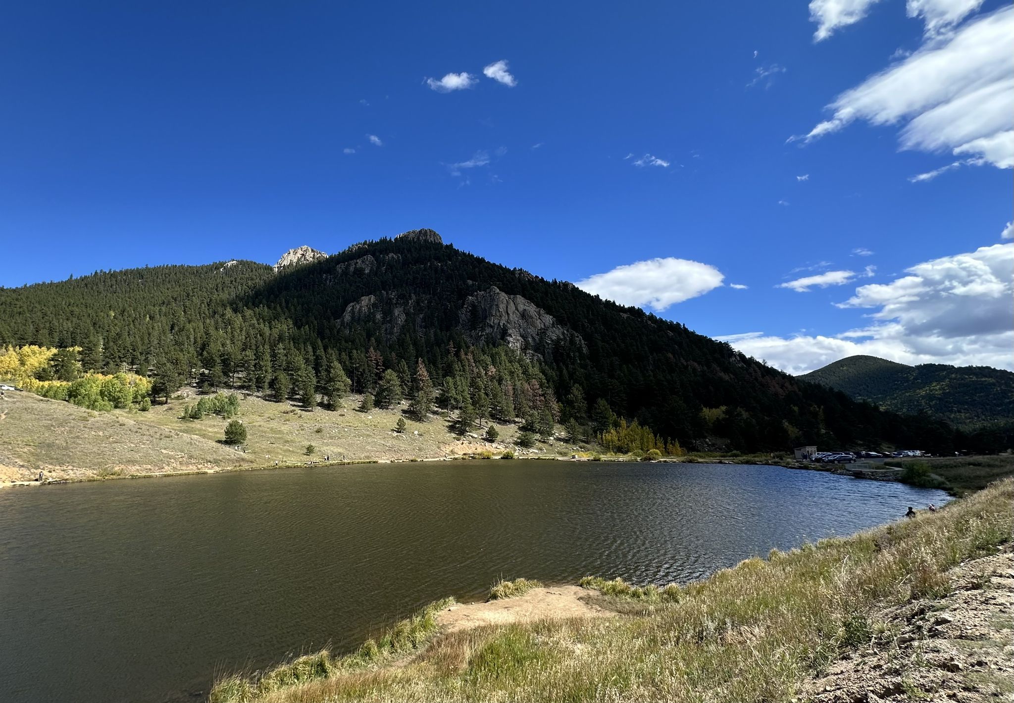 Calm lake at the base of a forested mountain under a blue sky. - Mount Thomas & Mule Deer Trail loop from Golden Gate Canyon Visitor Center