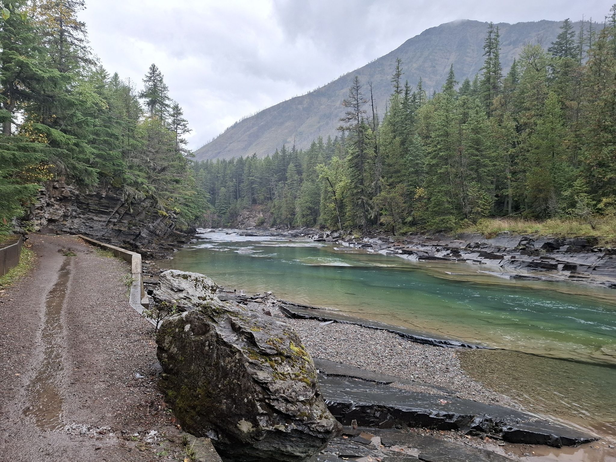 Overcast view of a turquoise river flowing past a rocky path and dense forest. - McDonald Creek Overlook via Going-to-the-Sun-Road