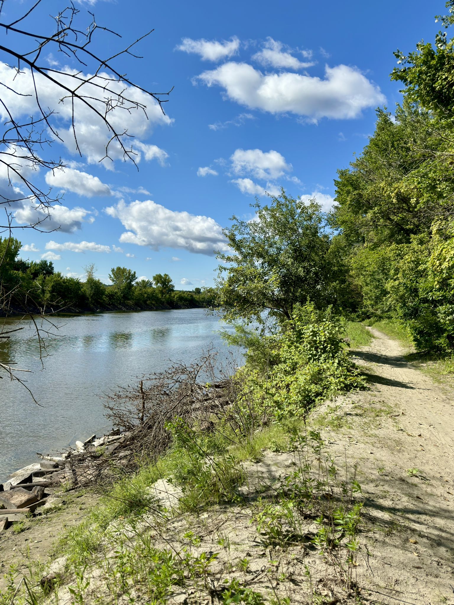 River flowing beside a dirt path, with green trees and a bright blue sky. - Minnesota River Greenway