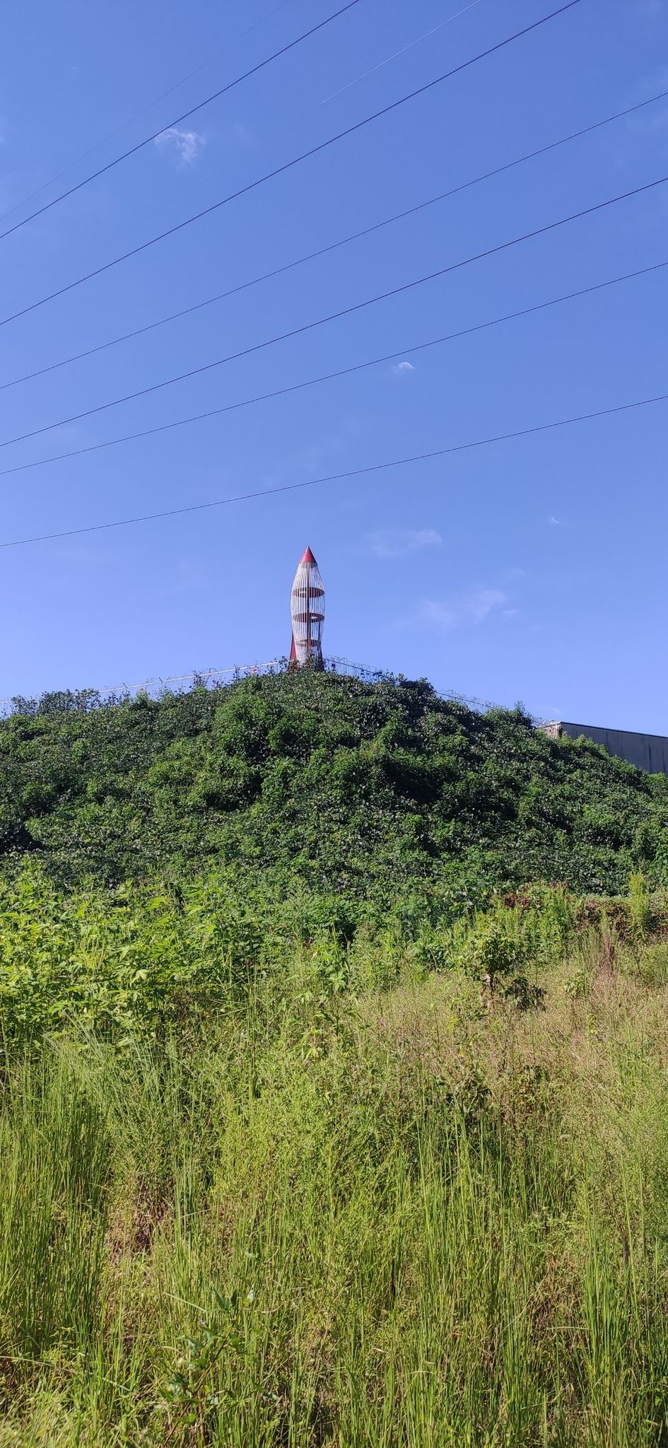 A tall, white and red tower stands atop a green hill. - Dabneys Hill – Grant Park loop from Zoo Atlanta