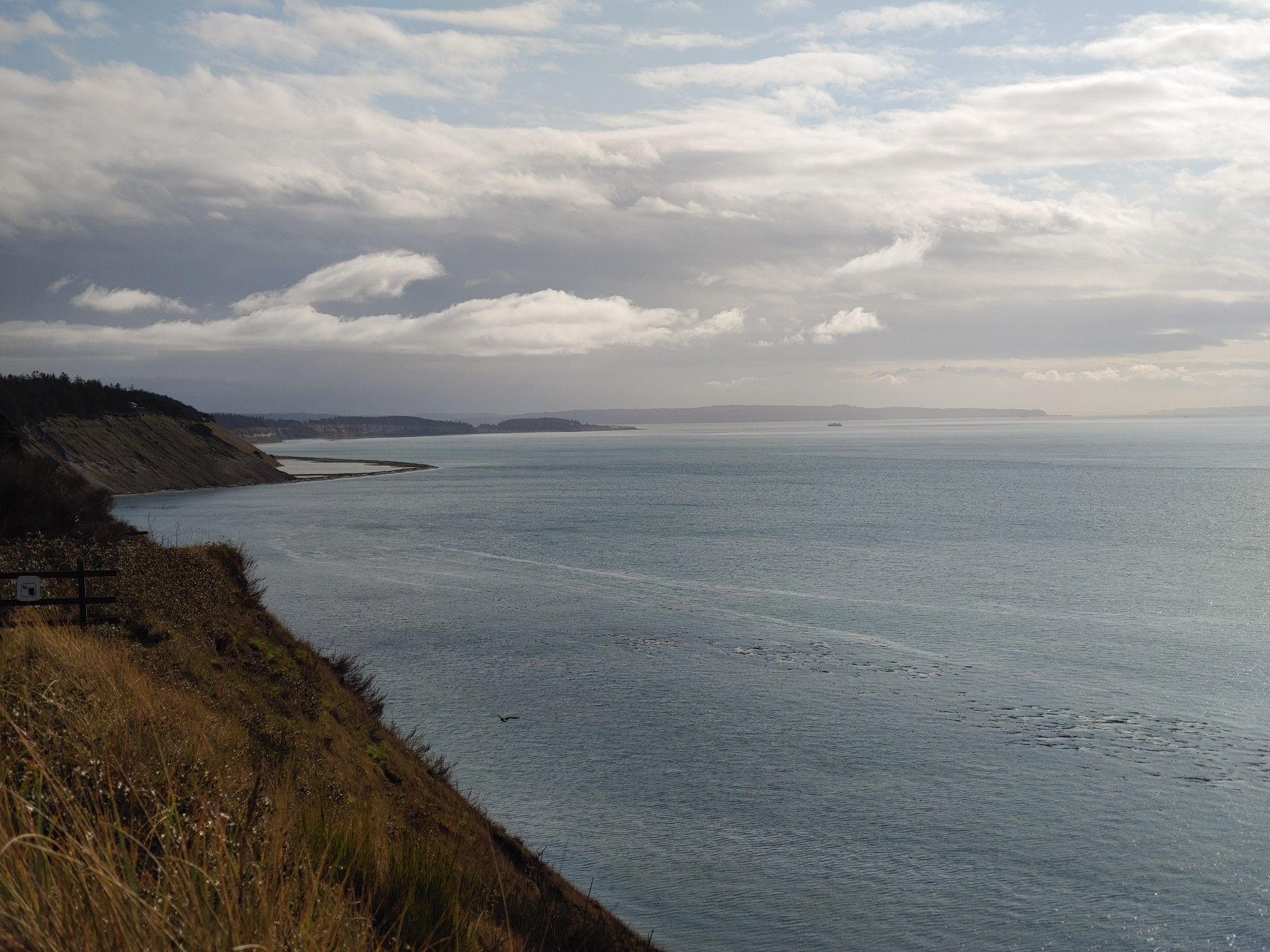 Overcast view of a vast gray-blue ocean next to a steep, grassy cliff. - Kettles Recreation Area loop from Fort Ebey State Park