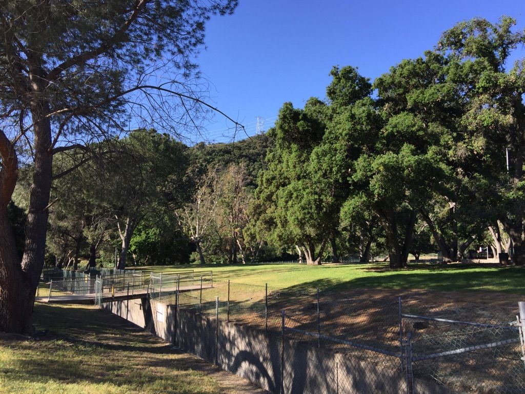 Sunny park with dense trees, green grass, and a fenced concrete channel. - Verdugo Peak loop from La Crescenta