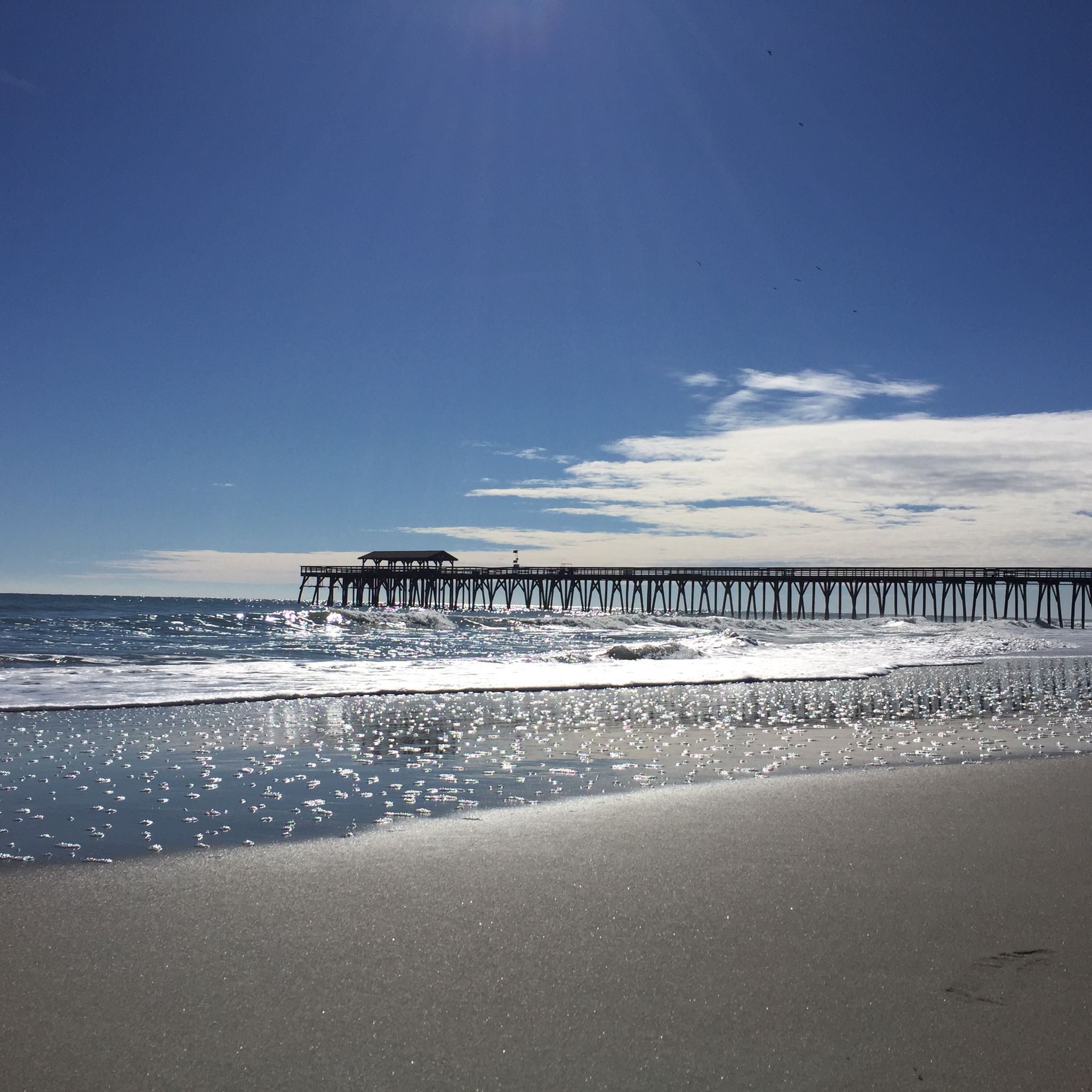 Long wooden pier over ocean with foamy waves on a bright, sunny day. - Yaupon and Sculptured Oak Nature Loop Trail
