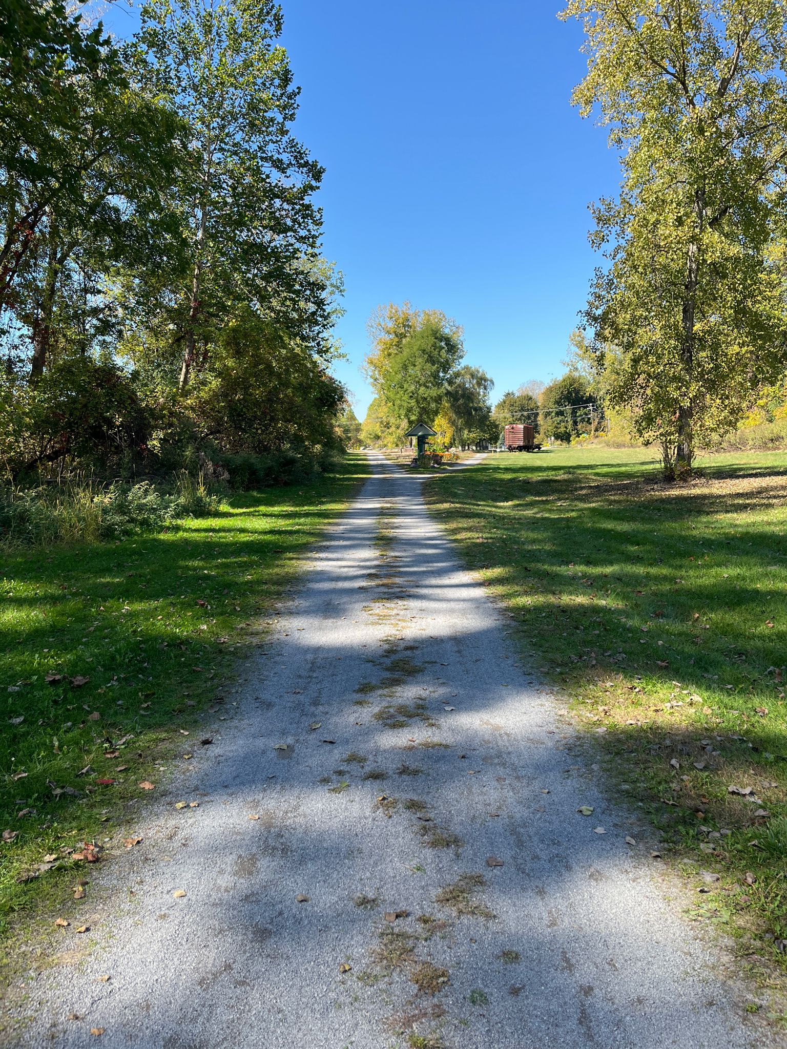 Straight gravel path lined by green grass and tall trees under a clear sky. - Victor trailhead – Lehigh Valley Trail loop from Victor