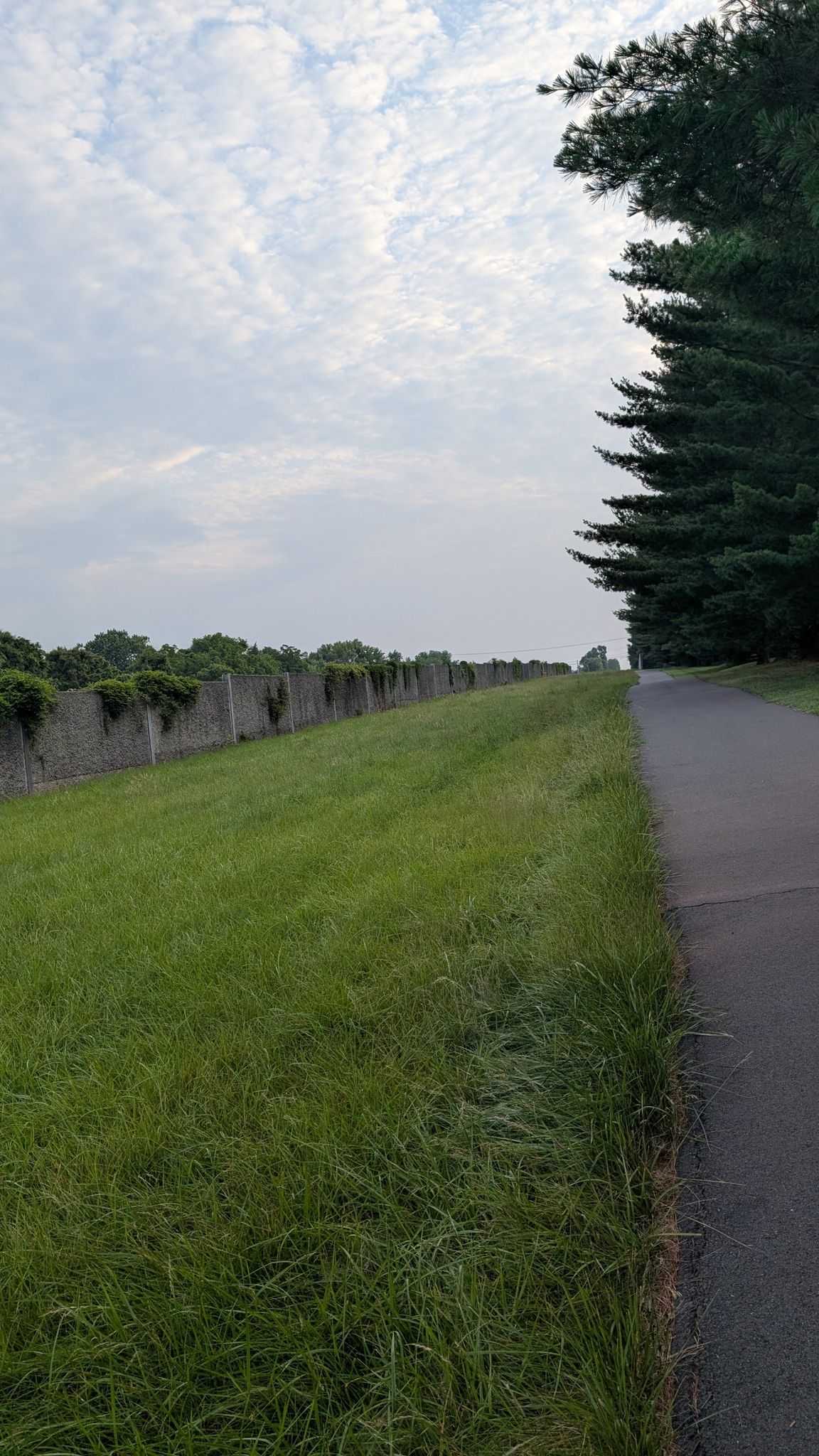 Paved path alongside a grassy slope and wall under a cloudy sky. - Herndon Caboose Park – Green Lizard Cycling, Herndon loop from Fair Lakes