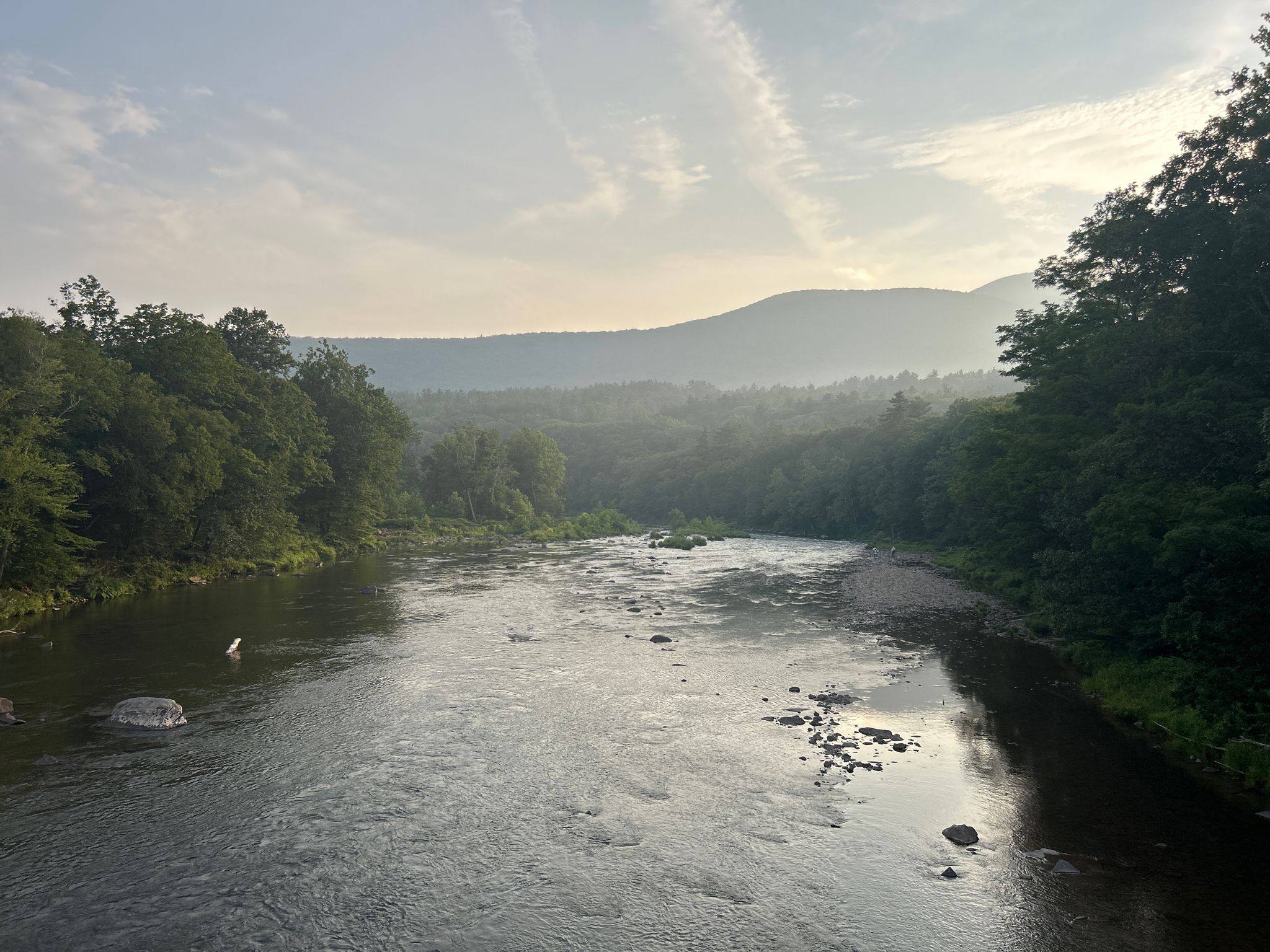 Hazy morning light over a wide river flowing through a dense forest. - Steel bridge – Boiceville Trailhead loop from Boiceville