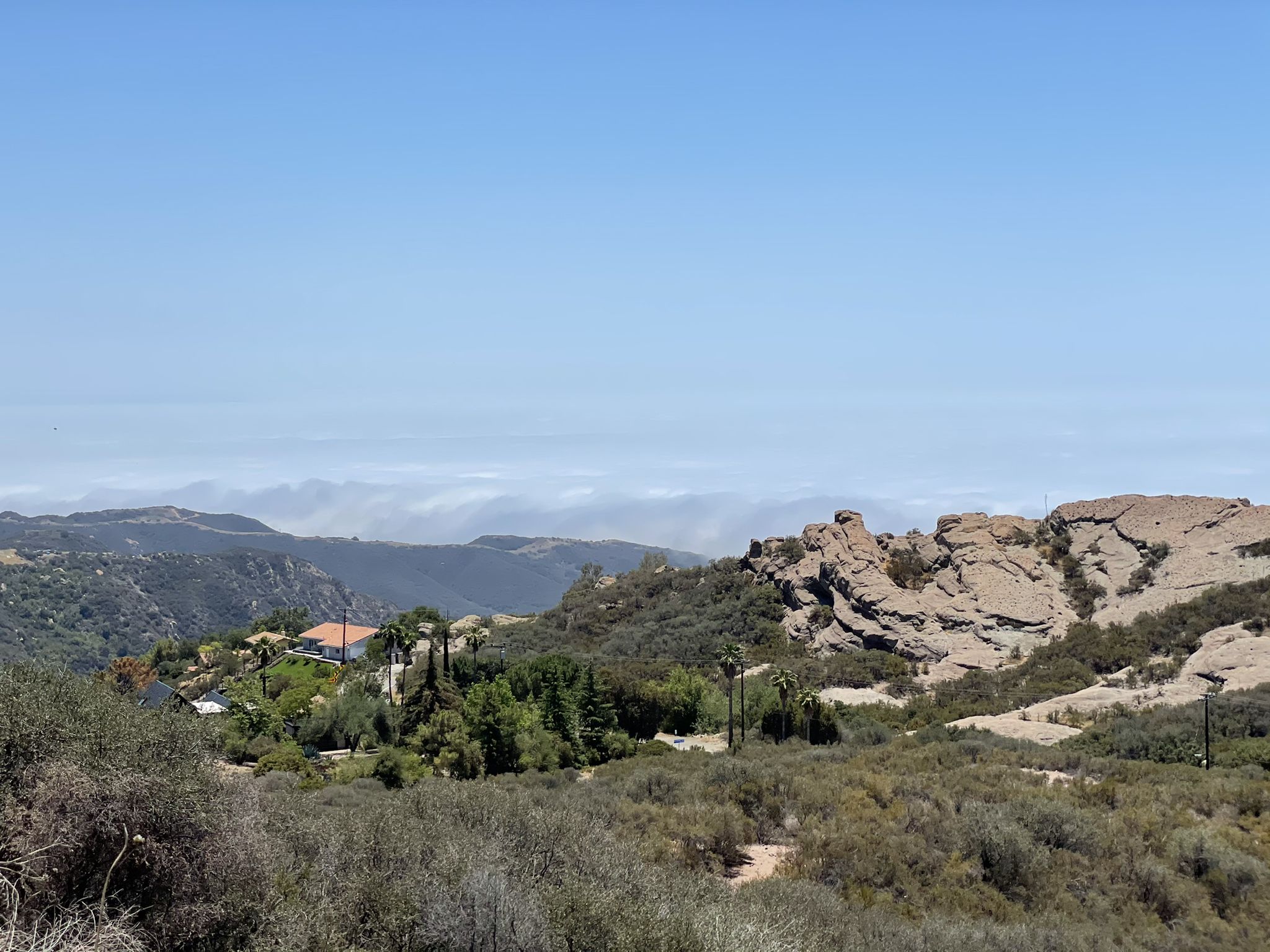 Bright mountain landscape with rocky outcrops, green trees, and distant hazy hills. - Saddle Peak Loop