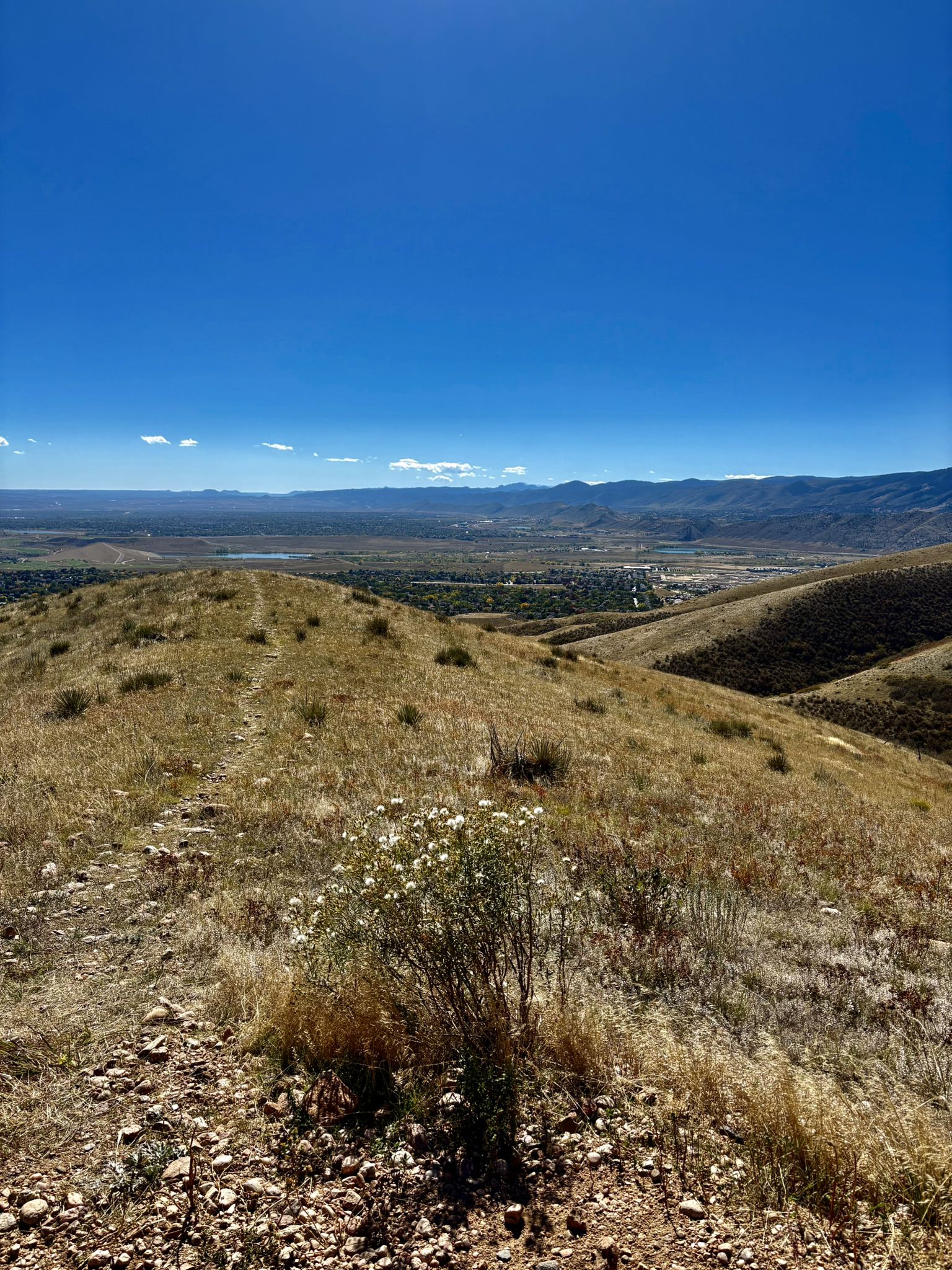Sunny view of dry, grassy hills overlooking a distant valley under blue sky. - Hayden Trail Junction – Green Mountain Peak loop from Green Mountain High School