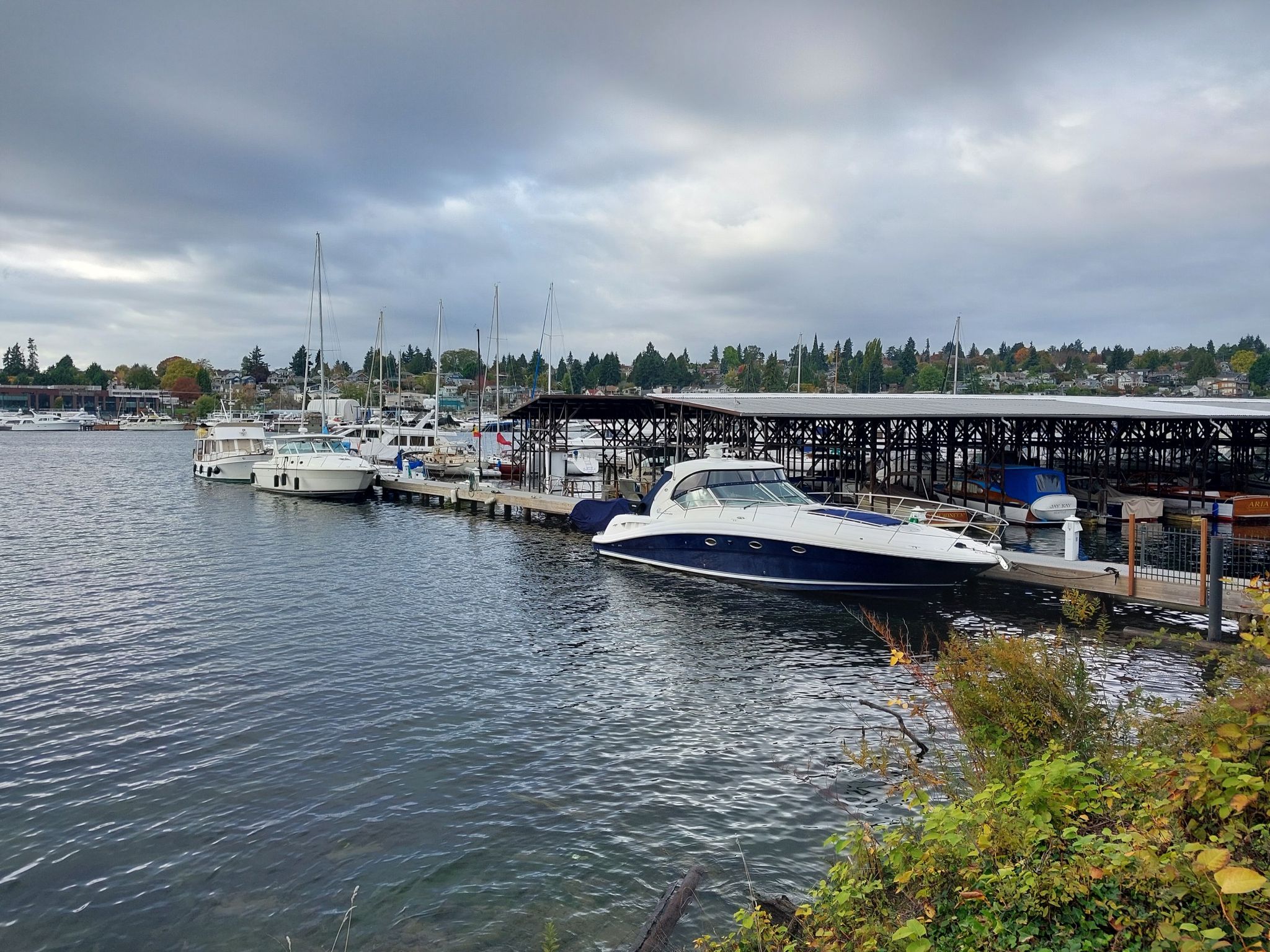Boats docked at a marina with covered slips under a cloudy sky. - Cheshiahud Lake Union Loop