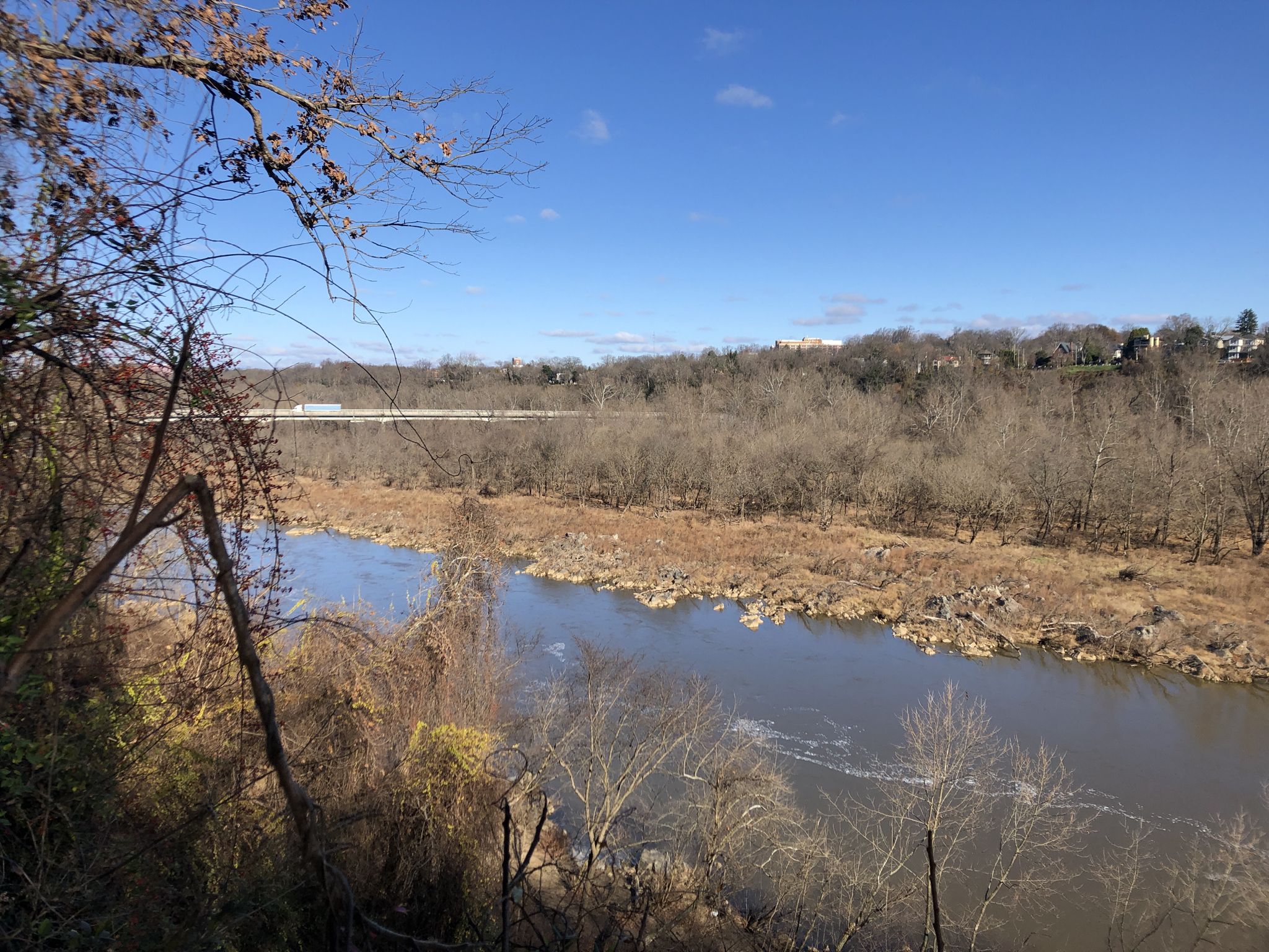 Wide river flows through a valley with bare trees under a bright blue sky. - Gulf Branch Trail