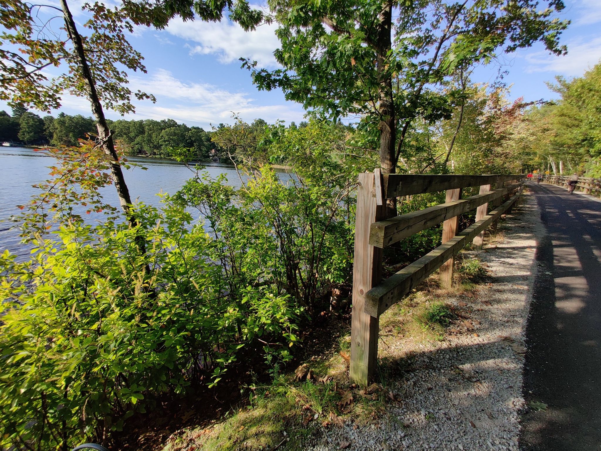 Wooden fence along a path overlooking a lake with green trees. - Acton – Bruce Freeman Rail Trail loop from Lowell