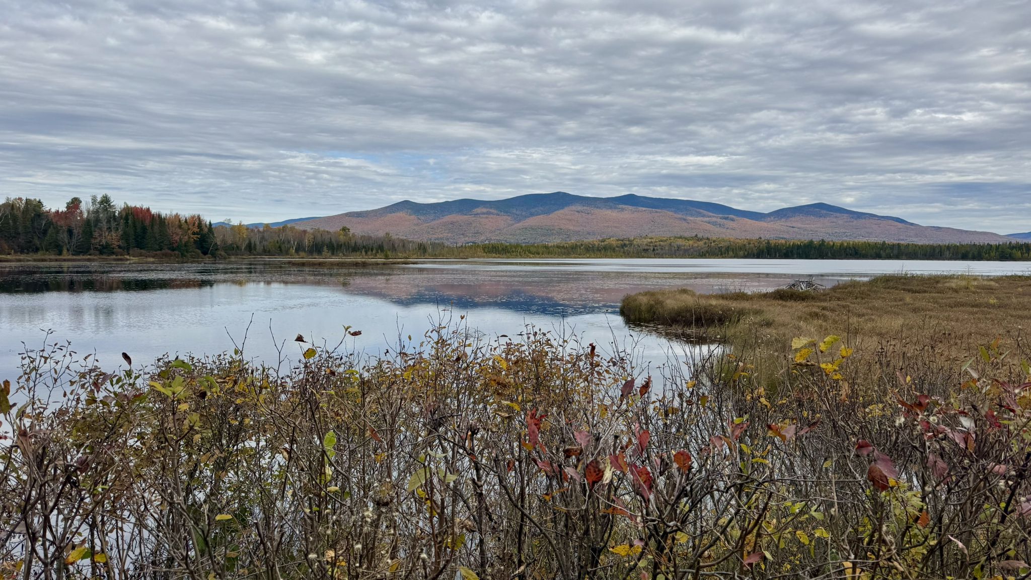 Calm lake reflects distant mountains under a cloudy autumn sky. - Presidential Rail Trail