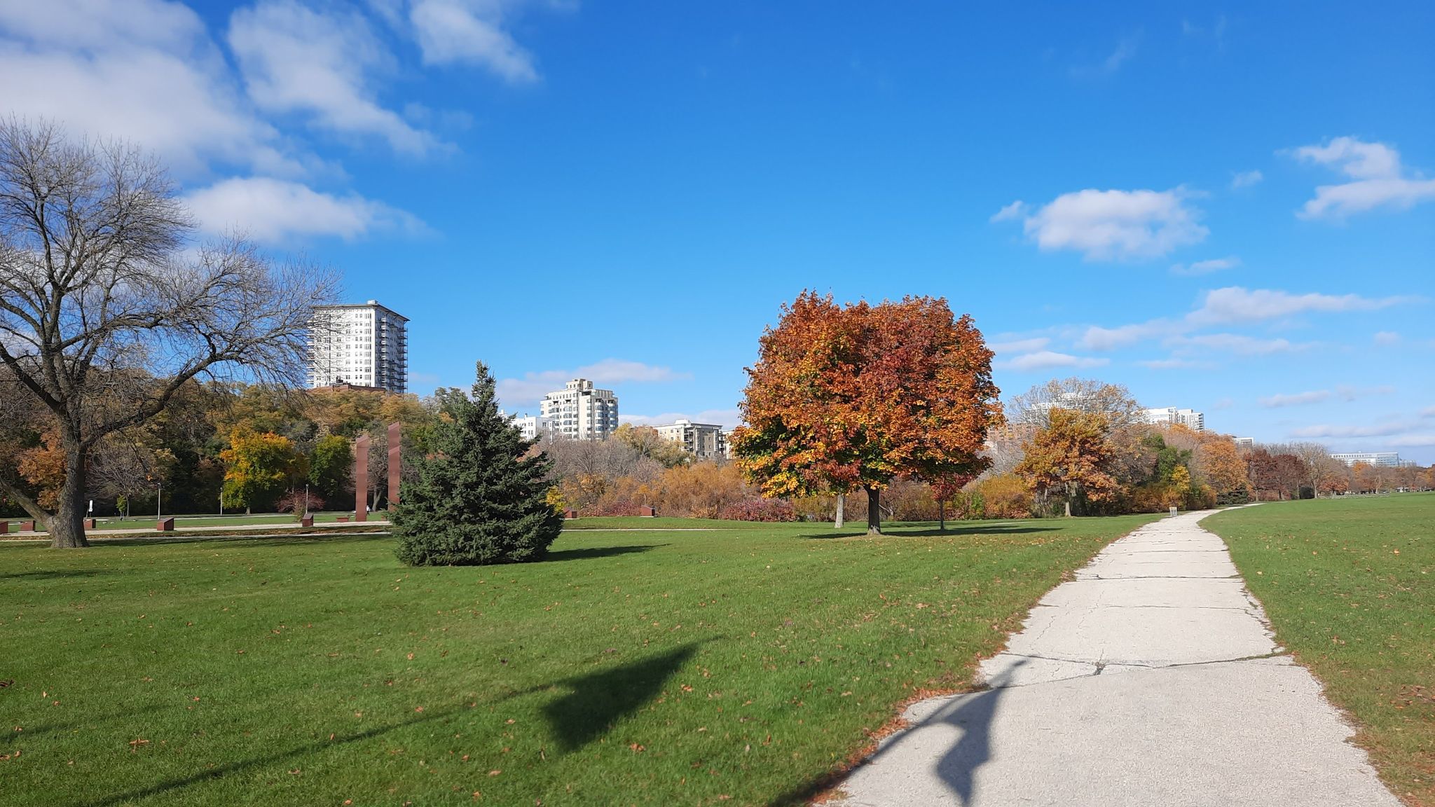 Sunny park with a winding path, green grass, and colorful autumn trees. - Veterans Park Lagoon loop from Milwaukee