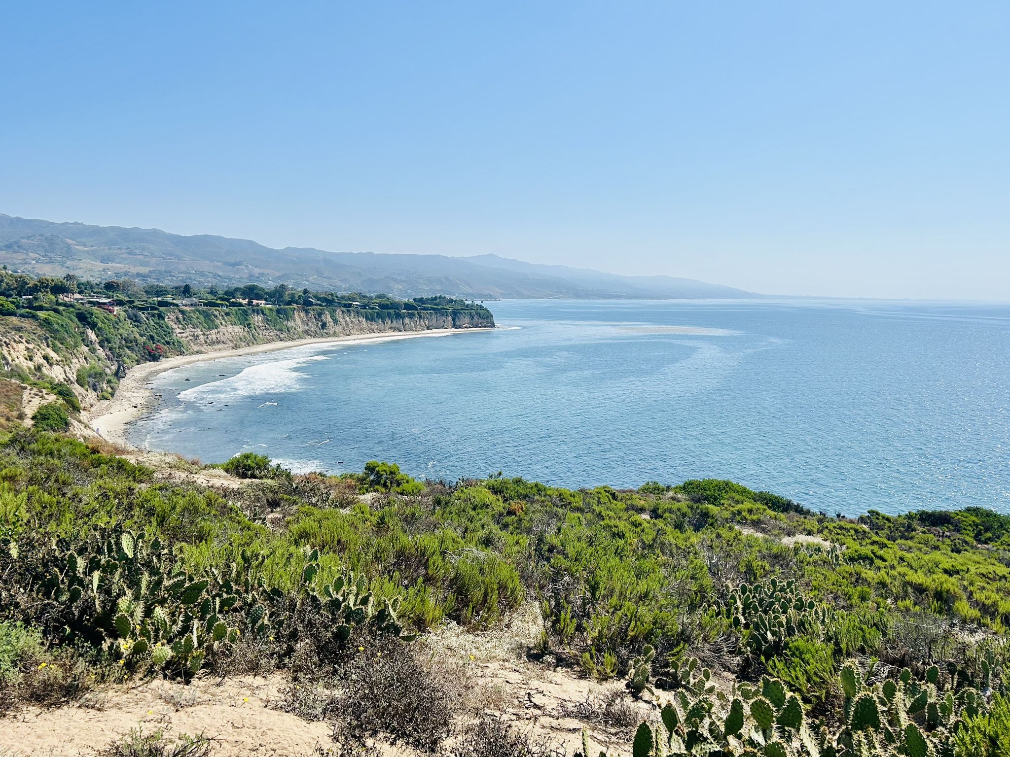 Coastal landscape with ocean, sandy beach, cliffs, and green vegetation under clear sky. - Paradise Cove & Point Dume loop