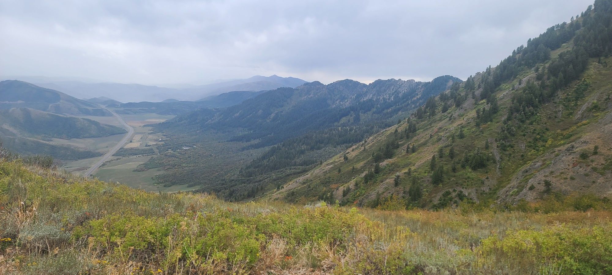 Overcast view of a wide valley winding through forested, hazy mountains. - Wellsville Ridge Trail