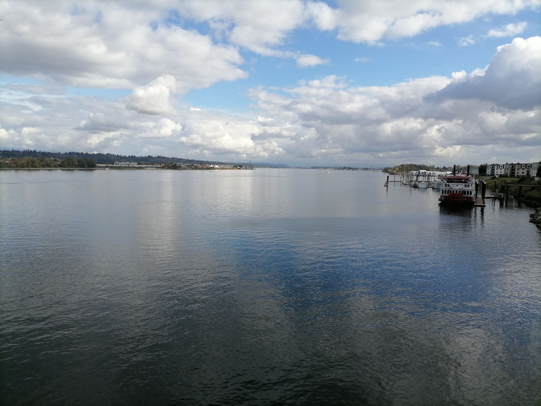 Wide river with boats docked, reflecting a cloudy sky, with distant buildings. - Burnt Bridge Creek View – Kelley Point Park loop from Lakeshore