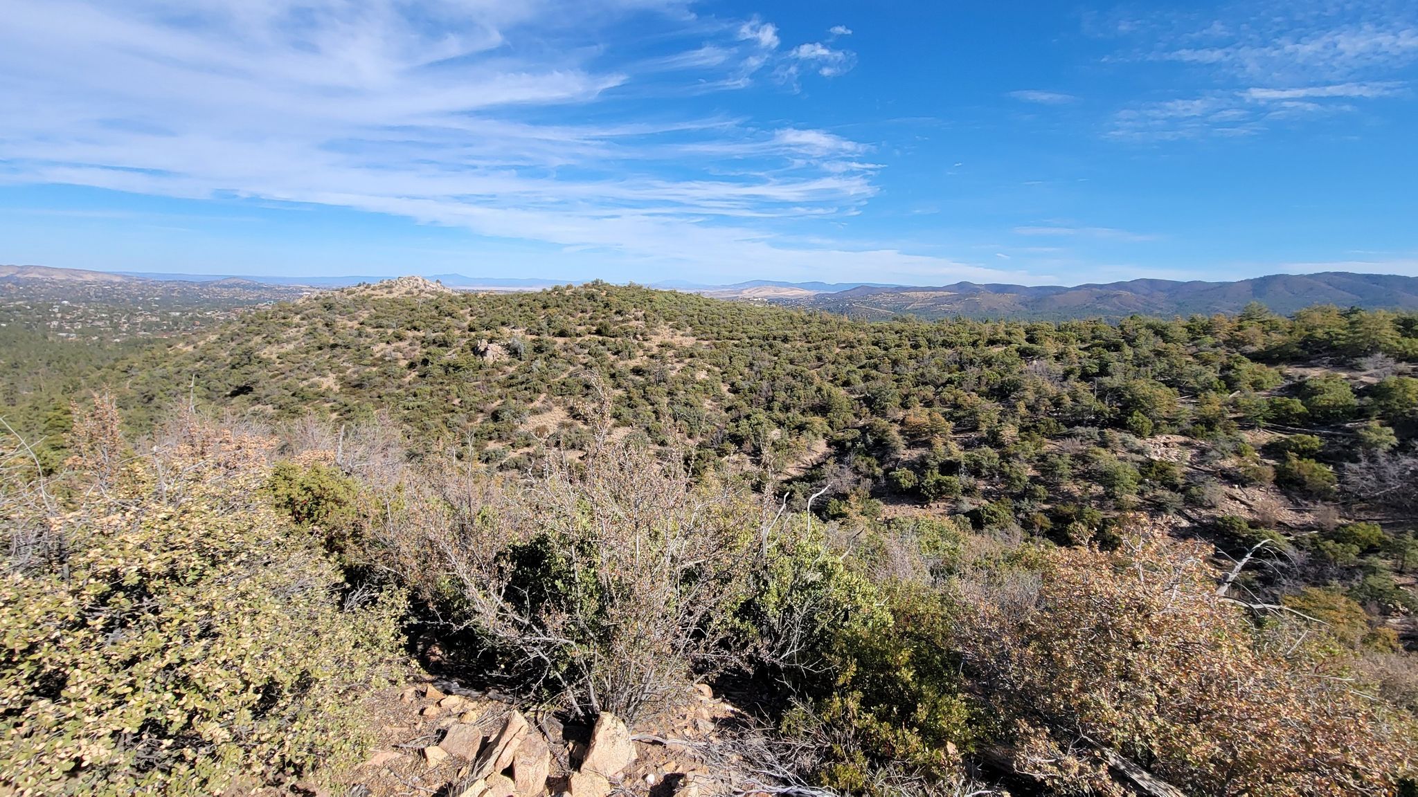 Rolling hills covered in green and brown shrubs under a bright blue sky. - Wolverton Trail loop from Aspen Creek Trailhead Parking Lot