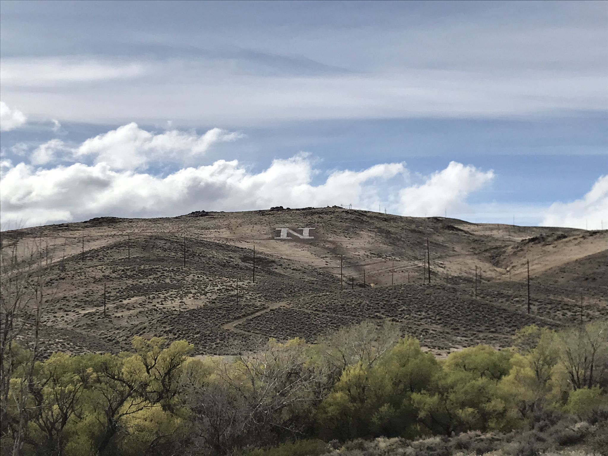 A large white letter "N" on a dry, treeless hillside under a cloudy sky. - Evans Canyon and Keystone Canyon Loop