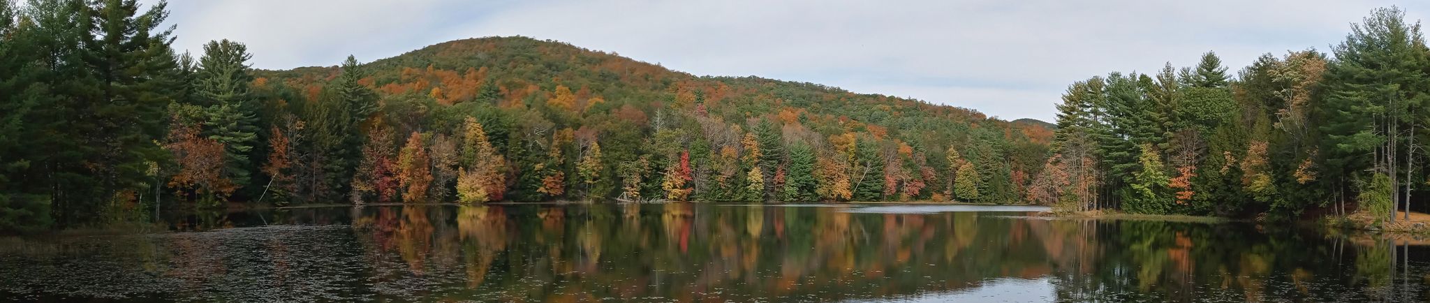 Panoramic view of a serene lake reflecting vibrant autumn hills and cloudy sky. - Lithia Springs Reservoir Loop