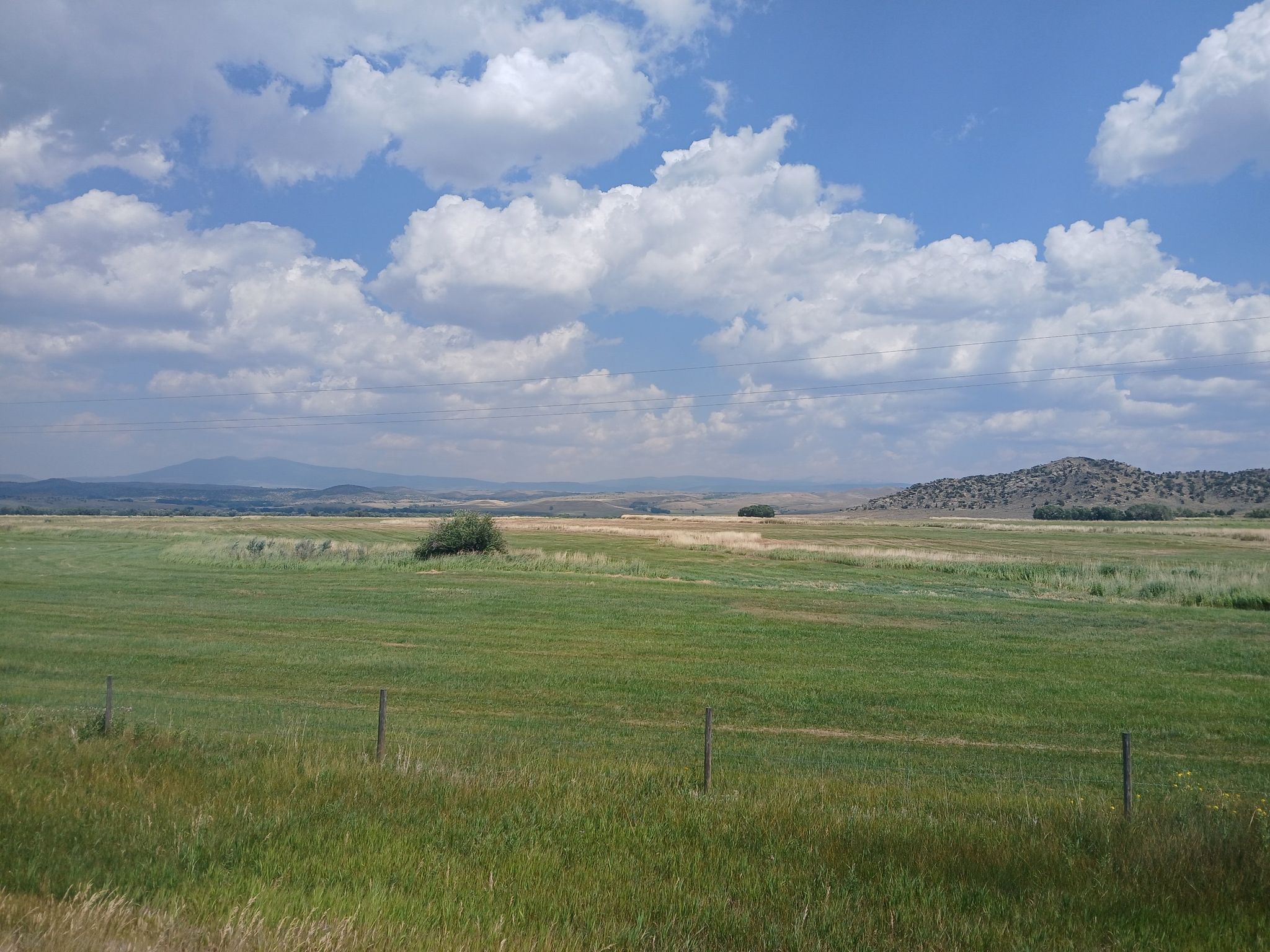Lush green field stretching to distant hills under a bright, cloudy sky. - TransAmerica Trail: Saratoga to Encampment River