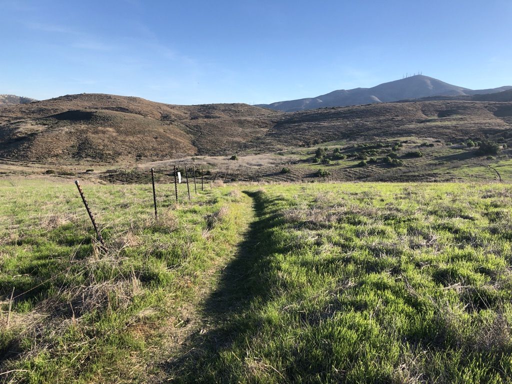 A narrow dirt path alongside a fence through sunlit grassy hills. - Sweetwater Reservoir loop