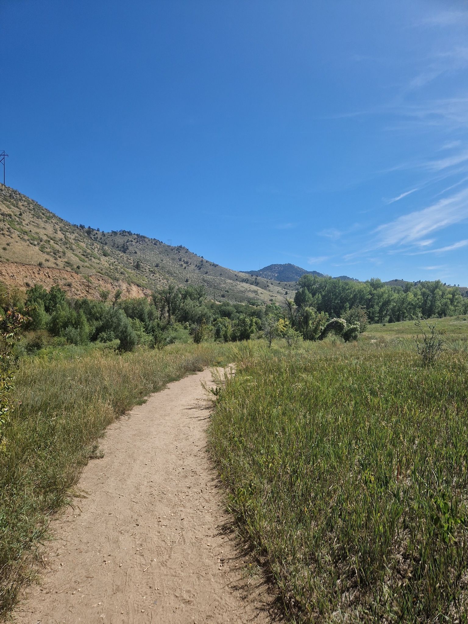 A dirt path winds through a sunny, grassy field towards distant mountains. - Bruin Bluff Trail – Dunafon Castle loop from Lair o' the Bear Park