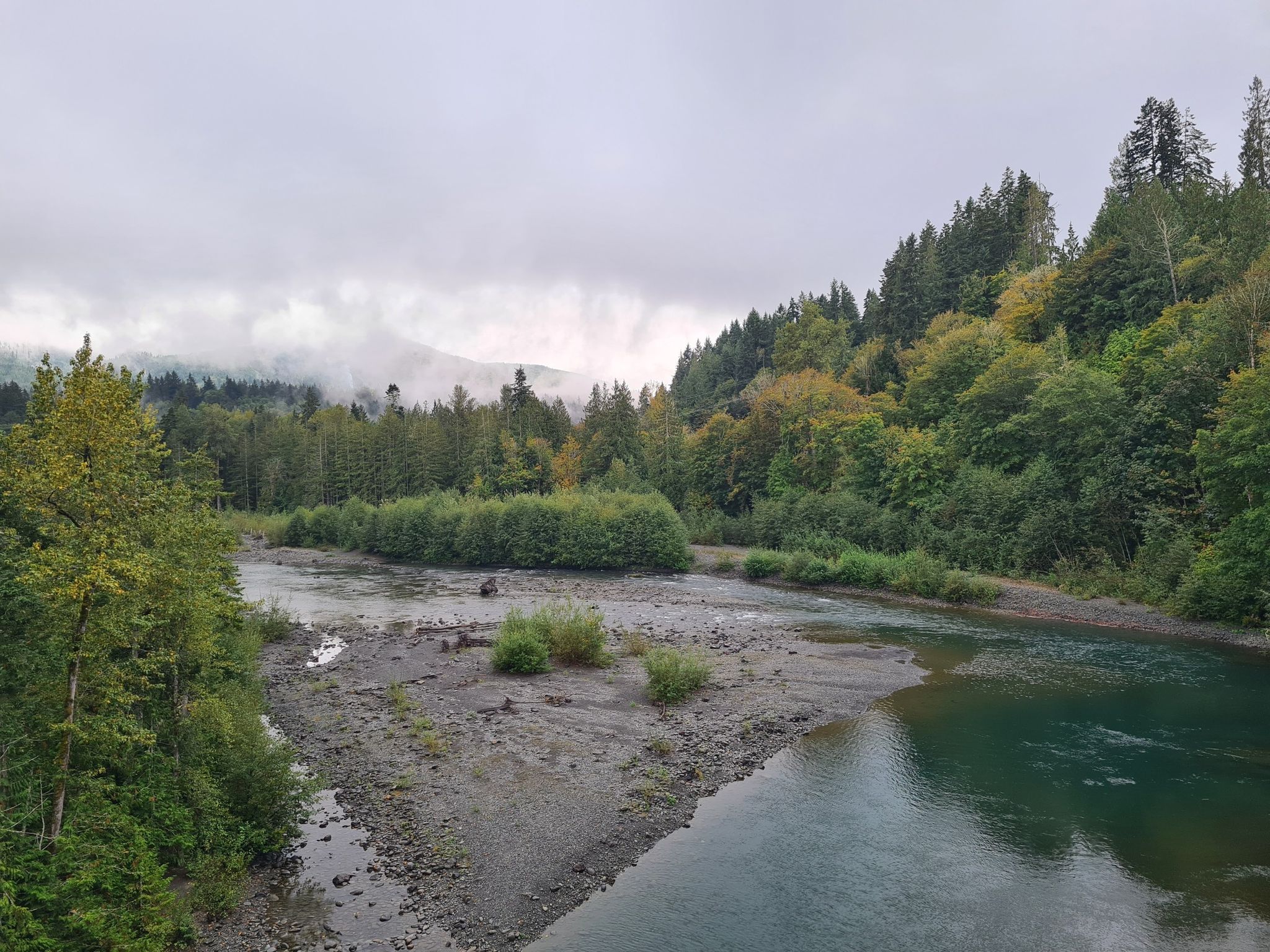 River winding through a forested landscape with cloudy skies. - Port Angeles to Elwah River loop