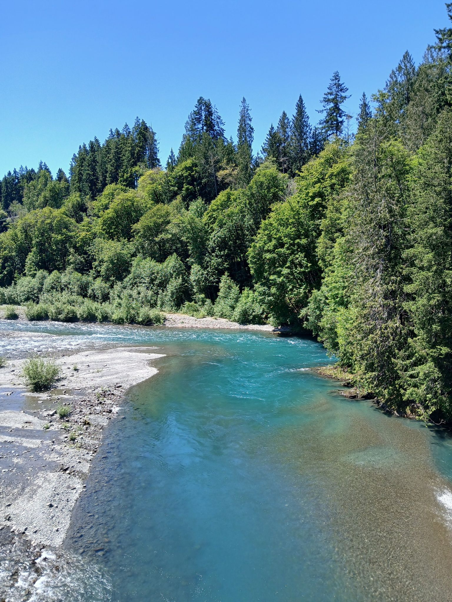 Bright turquoise river flowing past lush green forested banks on a sunny day. - Devil's Punchbowl via Spruce Railroad Trail