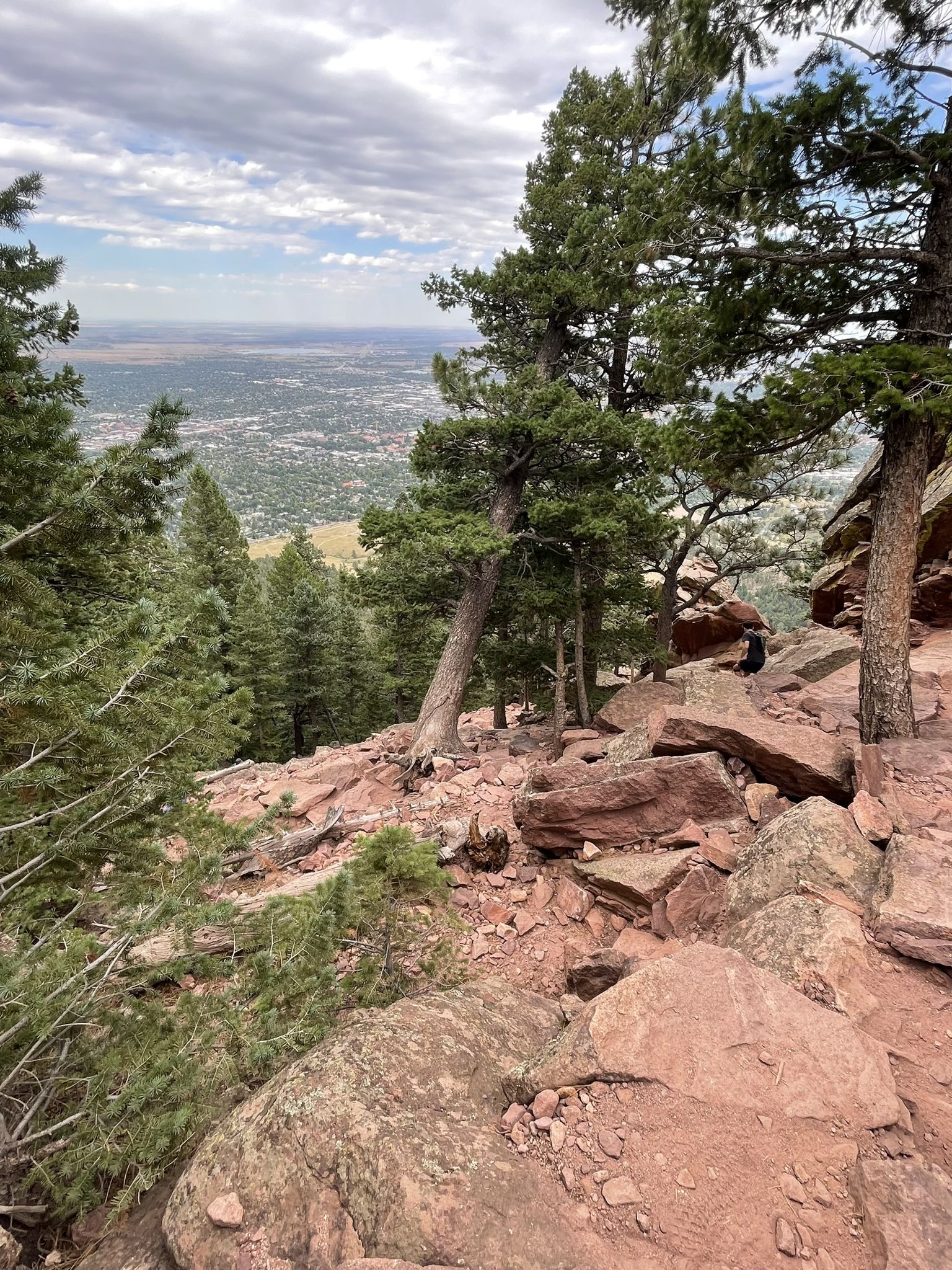 Rocky mountain trail with pine trees overlooking a distant city; person visible. - First and Second Flatirons Loop