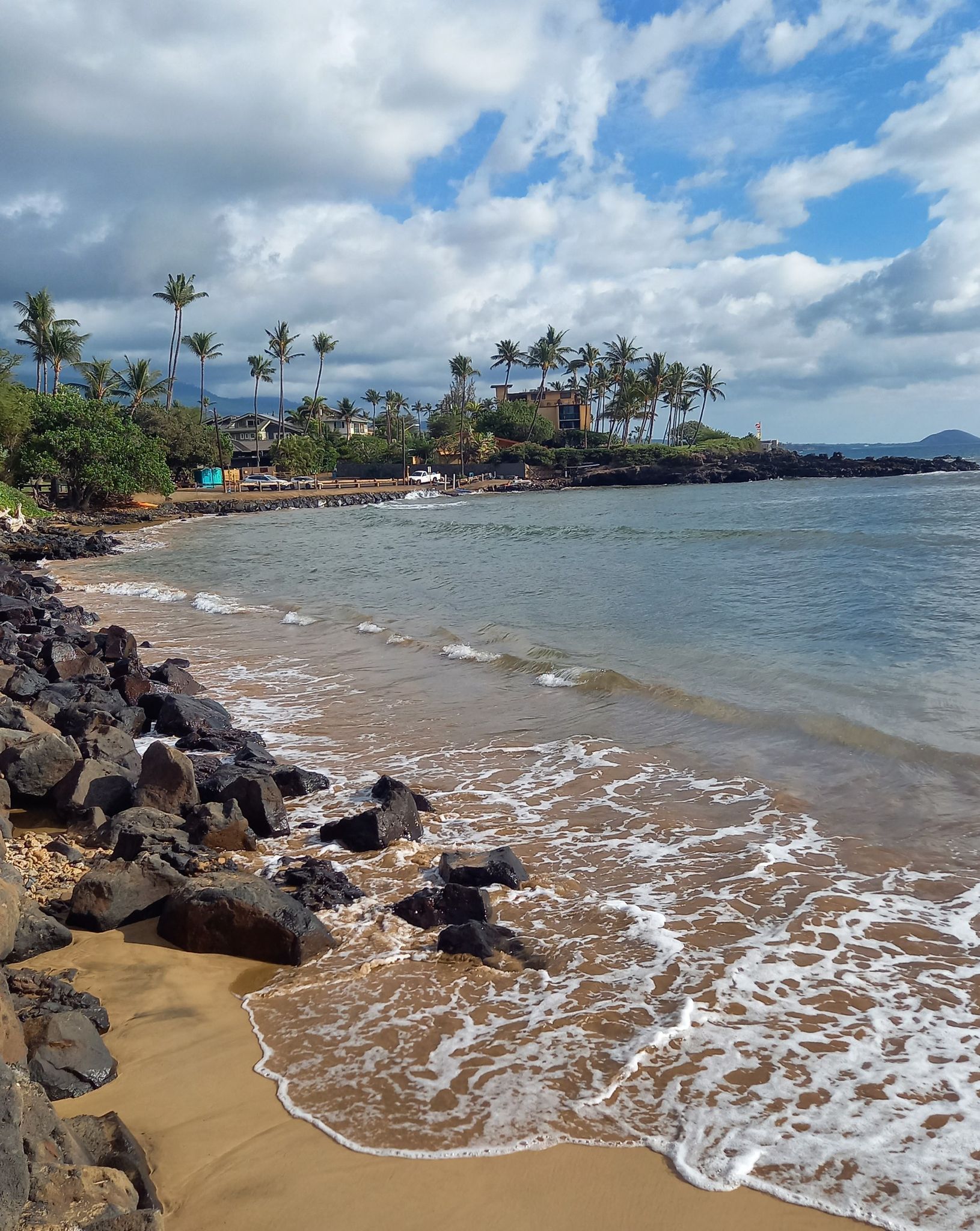 Waves washing onto a sandy beach with dark rocks and distant palm trees. - Ma'alaea & Mākena State Park via Pi'ilani Highway loop