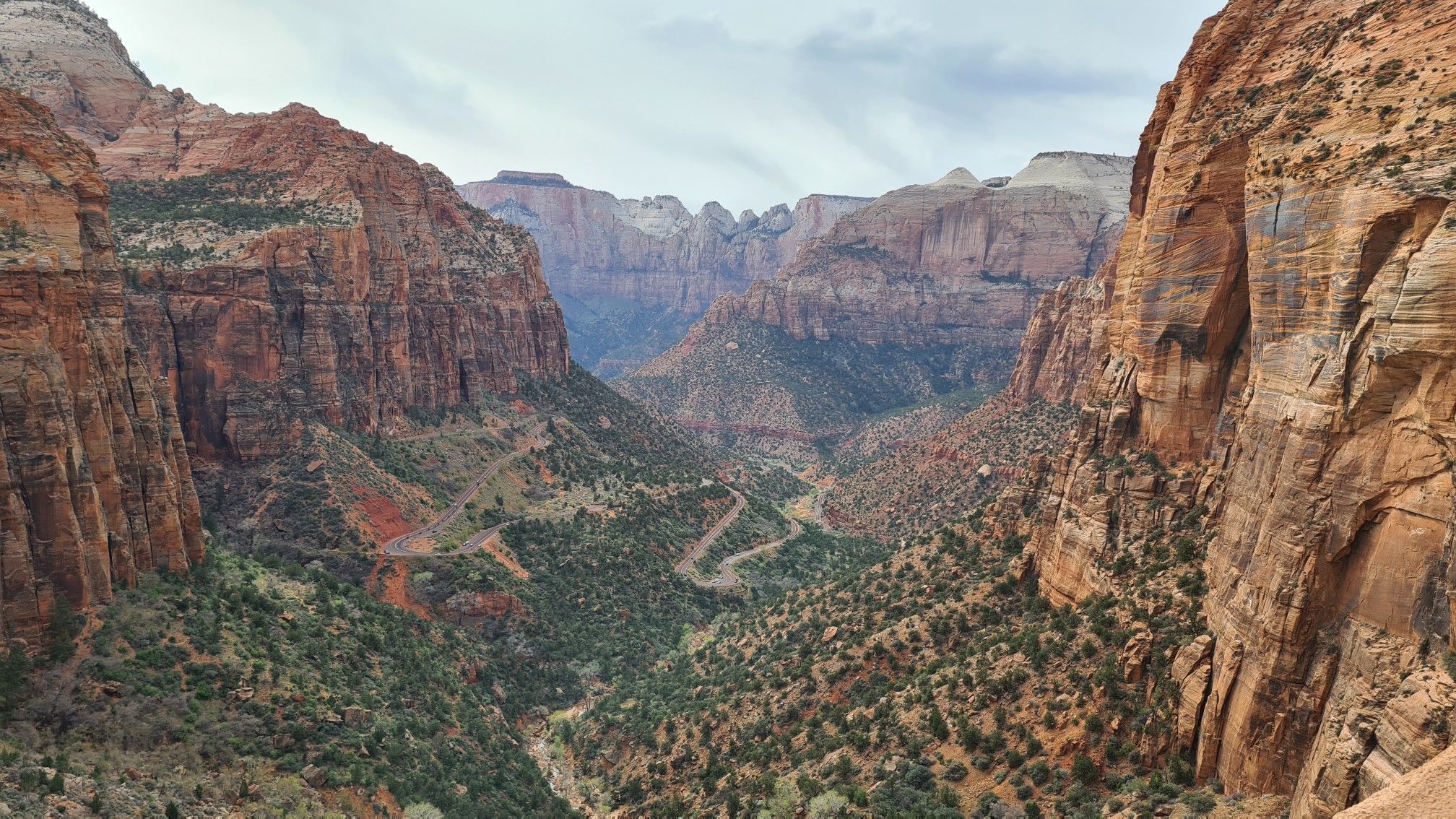 Wide canyon with winding road, red rock walls, green trees, cloudy sky. - Canyon Overlook Trail