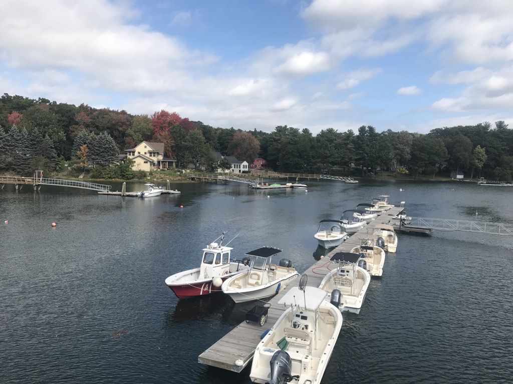 Boats docked along a river with colorful autumn trees and houses. - Downtown Portsmouth loop from Portsmouth