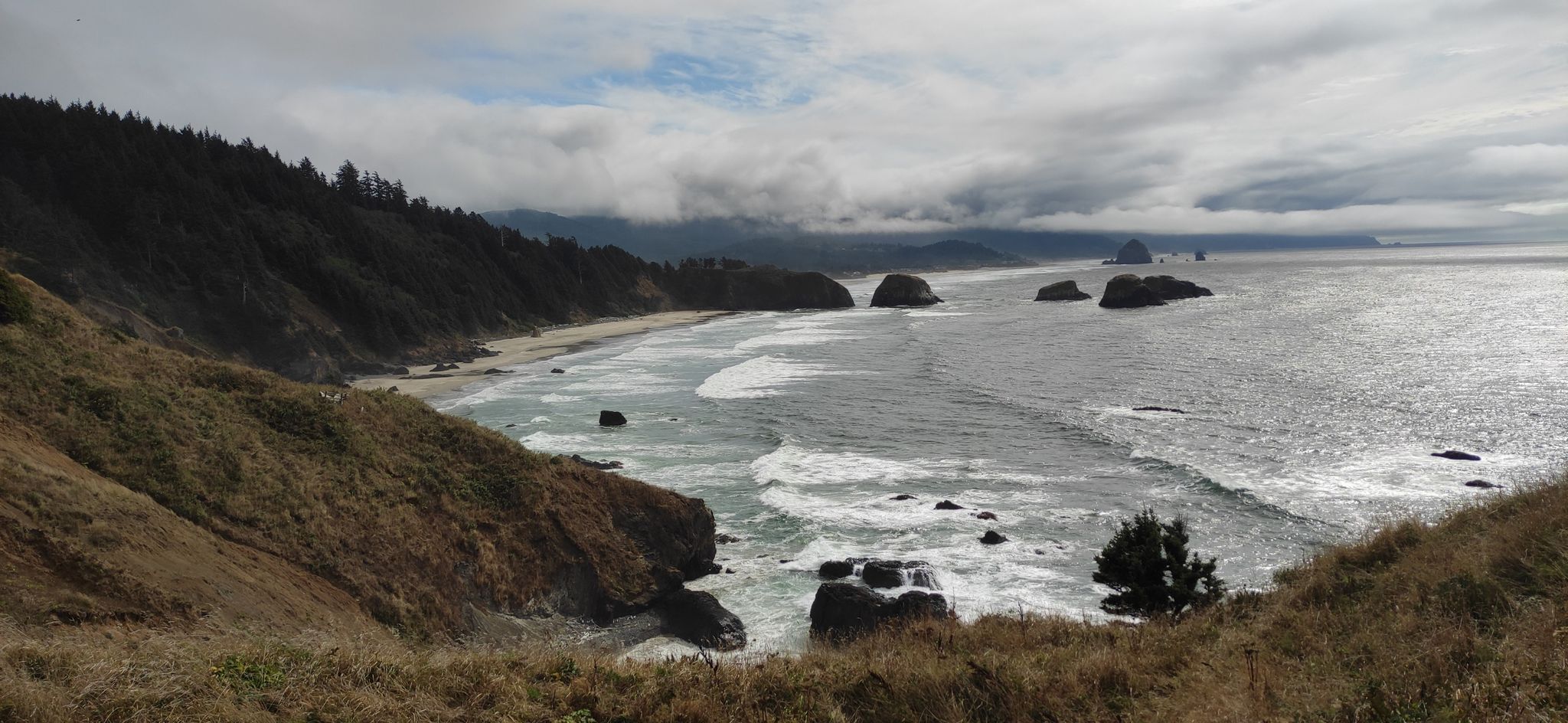 Wide coastal view with dark hills, sandy beach, and sea stacks under cloudy sky. - Bill's Tavern and Brewhouse – Cannon Beach loop from Cannon Beach