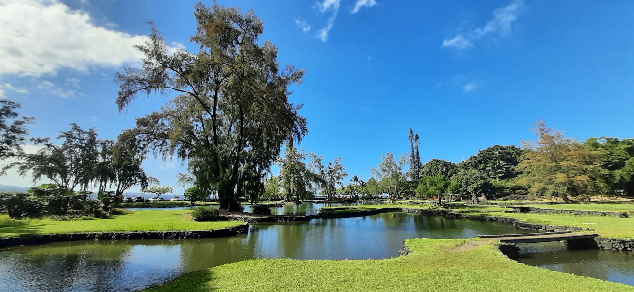 Park with a large pond, green lawns, and tall trees under a bright blue sky. - Liliuokalani Gardens – Rainbow Falls loop from Wailoa River State Recreation Area