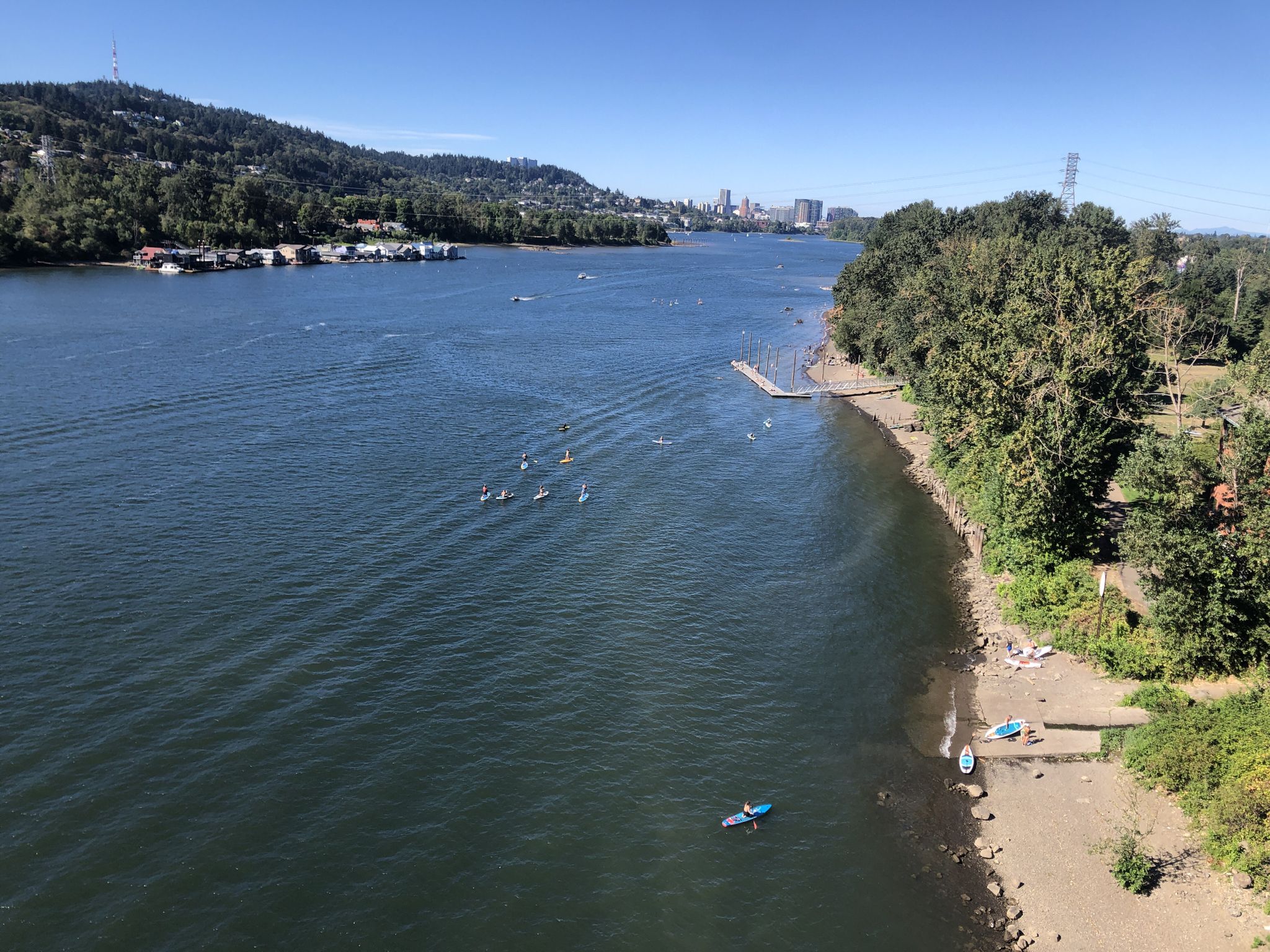 Many kayakers and paddleboarders on a wide river, sunny day. - Sellwood Bridge loop from Oswego Lake
