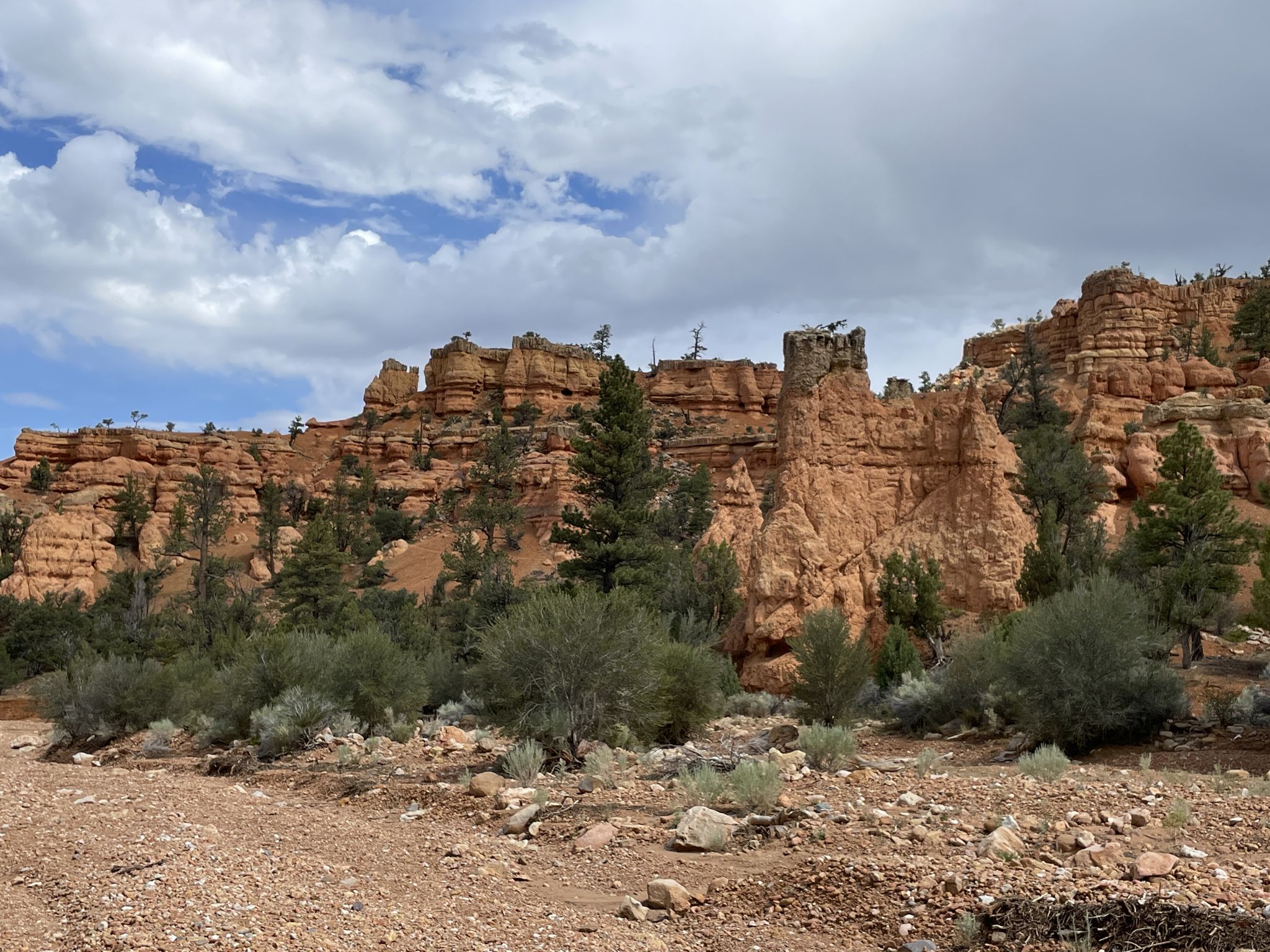 Red rock formations and green trees under a partly cloudy sky. - Losee Canyon to Casto Loop Trail
