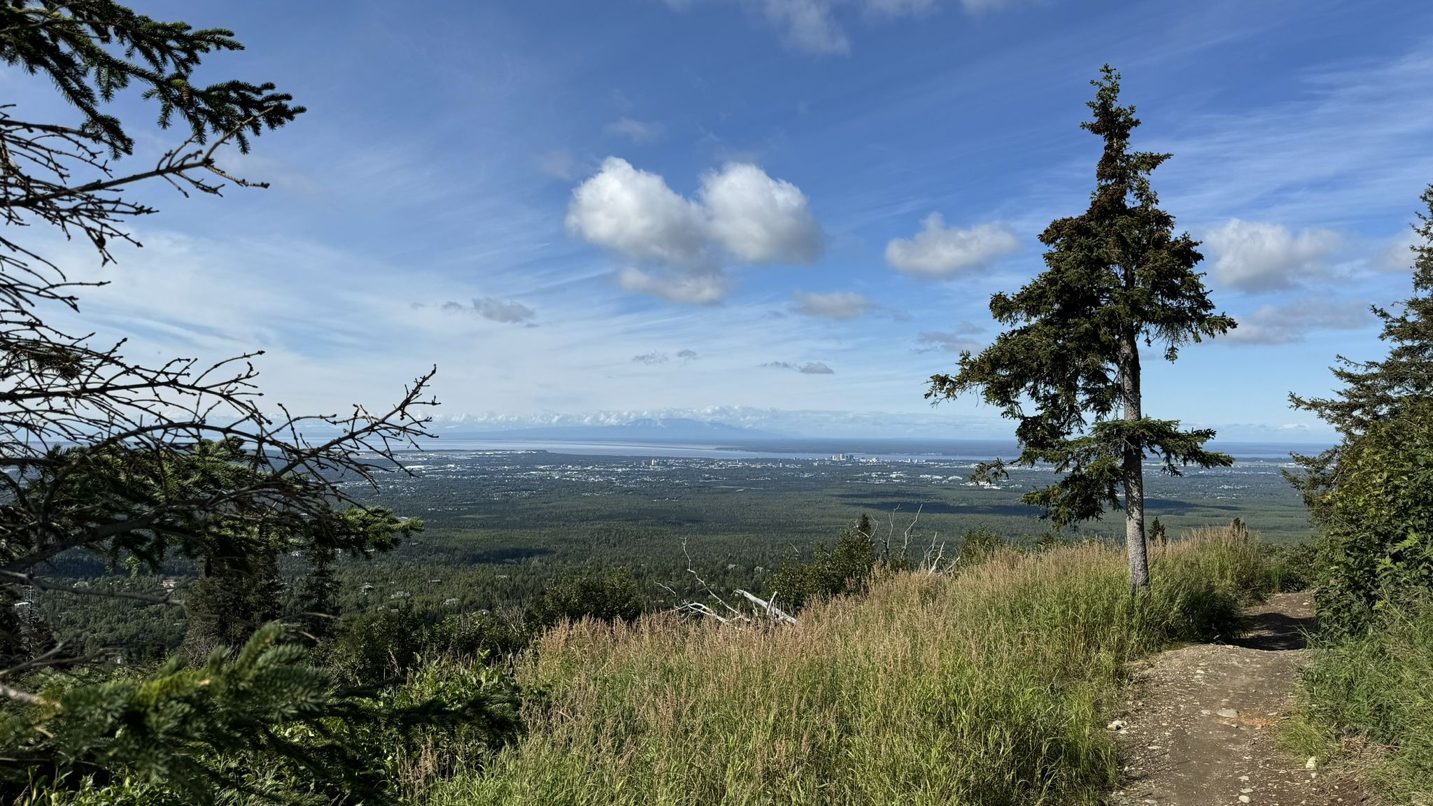 Panoramic view from a mountain, showing a distant city and water under a blue sky. - Hemlock Burn and South Fork Rim Loop
