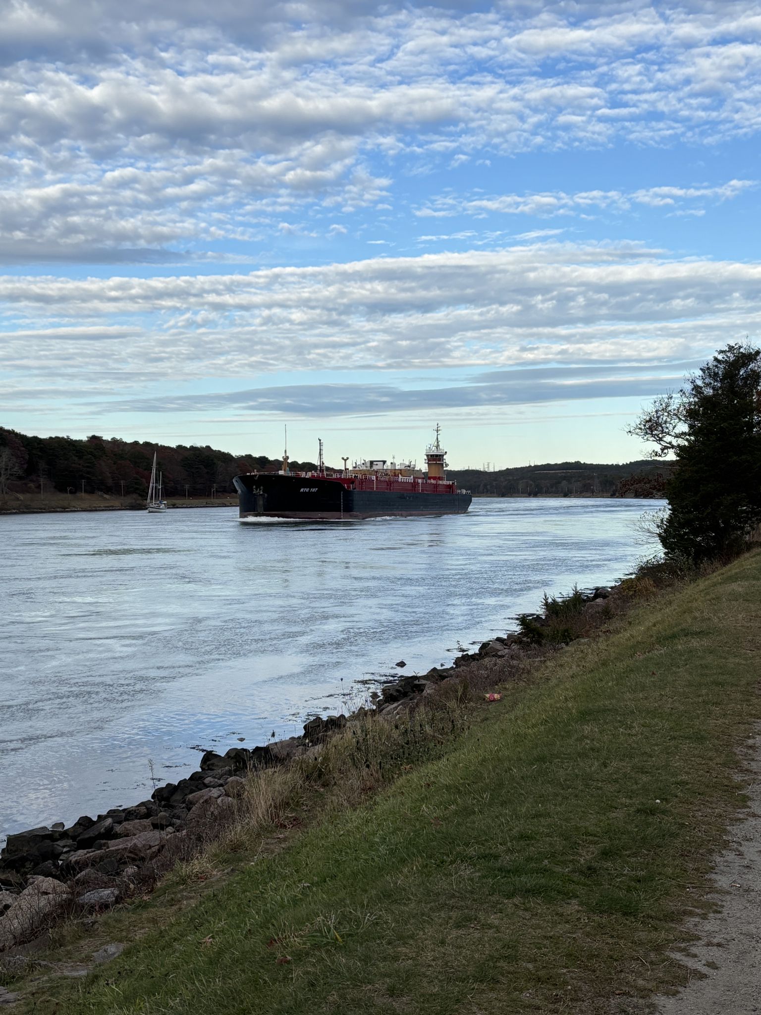 A large cargo ship moves along a wide river with green banks. - Cape Cod Canal – Western Barnstable Conservation Area Loop