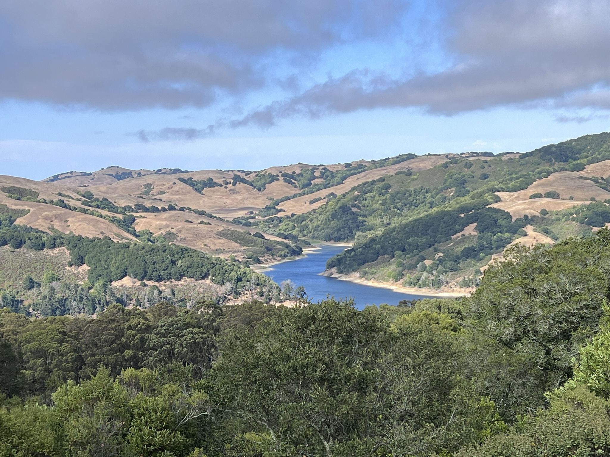 A winding lake surrounded by green and golden hills under a partly cloudy sky. - Eagle's Nest Trail Loop
