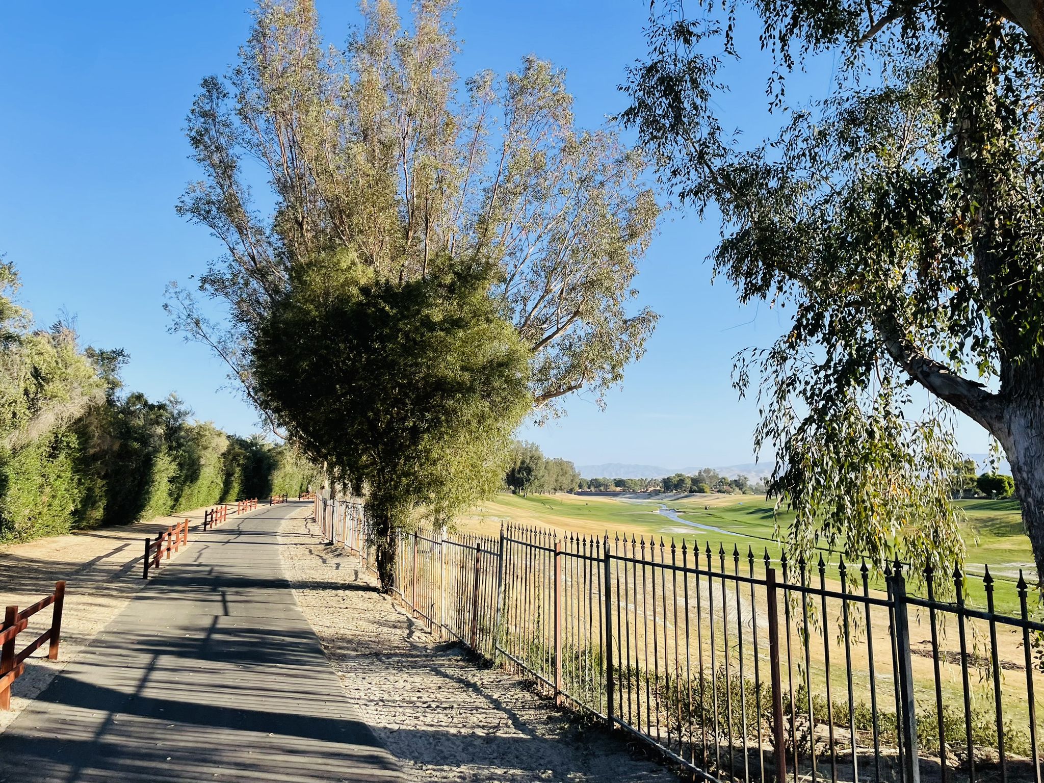 Sunny paved path next to a black fence, green trees, and a distant golf course. - Butler Abrams Trail