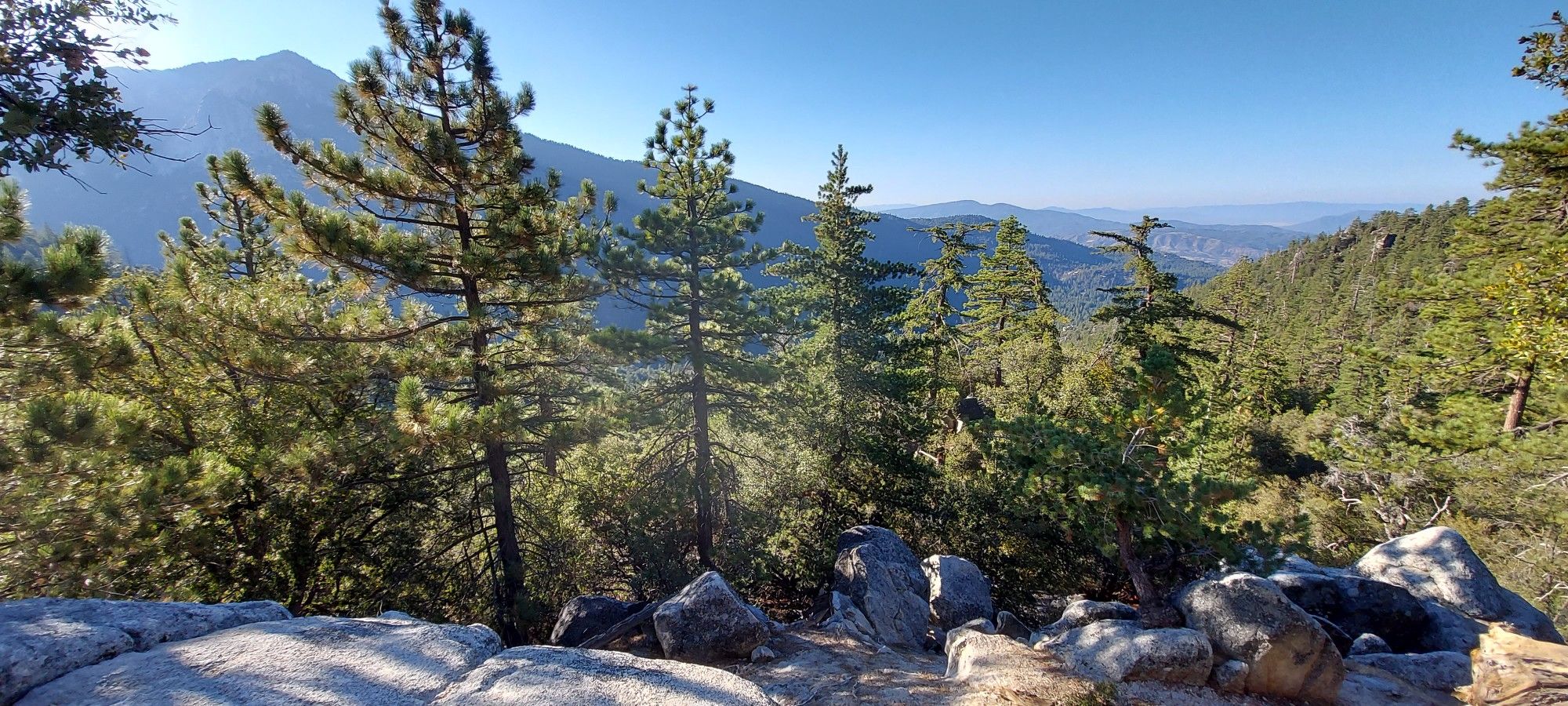 Sunny mountain view through pine trees and large rocks in foreground. - Suicide Rock via Deer Springs Trail