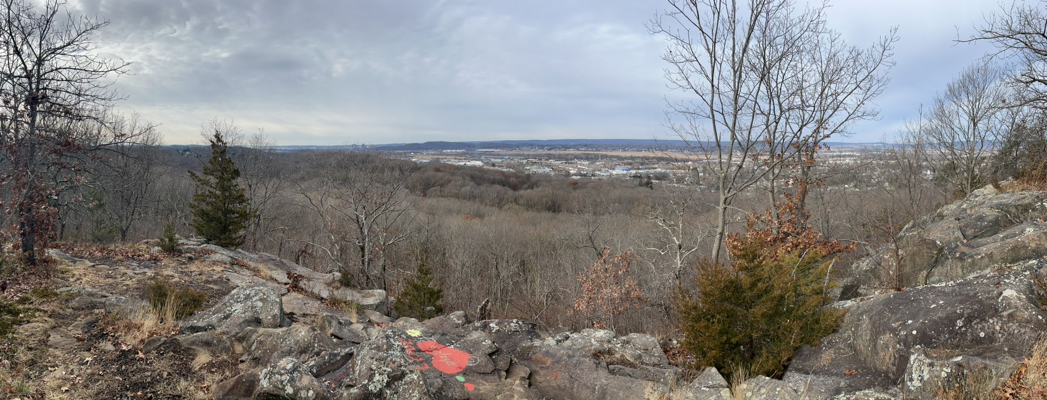 Rocky hillside view over bare winter forest and distant town under cloudy sky. - Peter's Rock Spring Loop