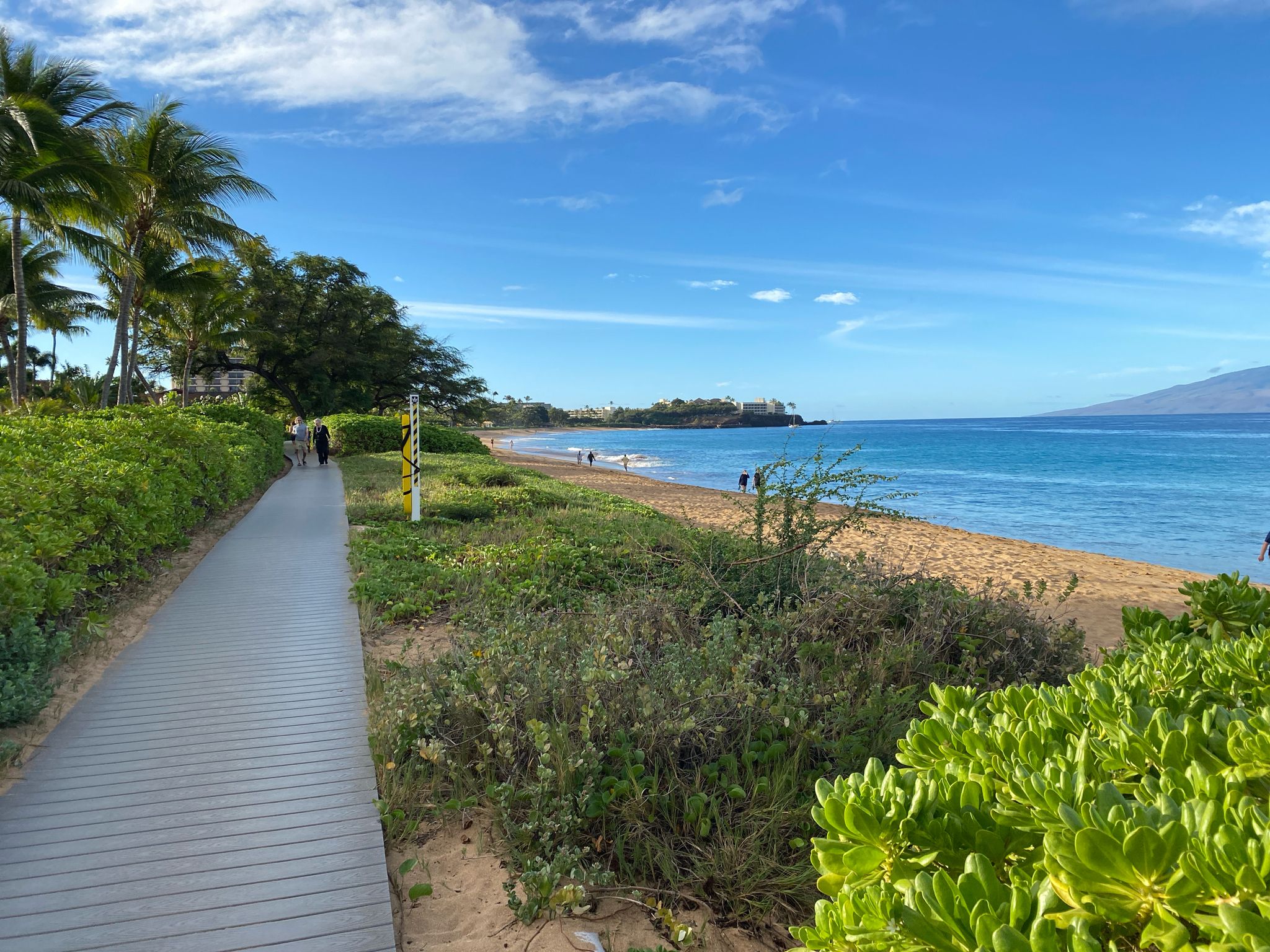 Boardwalk alongside a sunny beach with blue ocean and green plants. - Farmers market – Black Rock Beach loop from Kaanapali