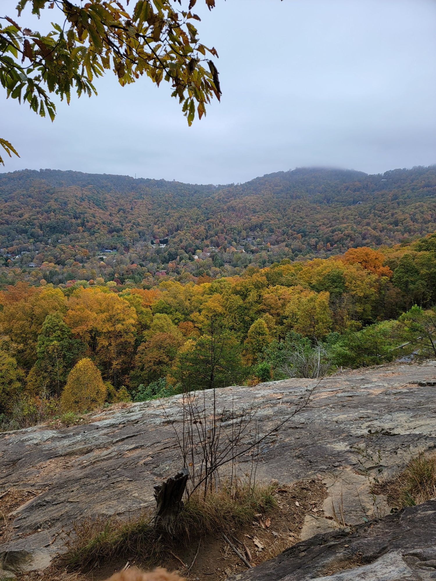 Overcast view of rocky foreground and mountains with colorful autumn foliage. - Mountains to Sea Trail: Folk Art Center to Haw Creek Overlook