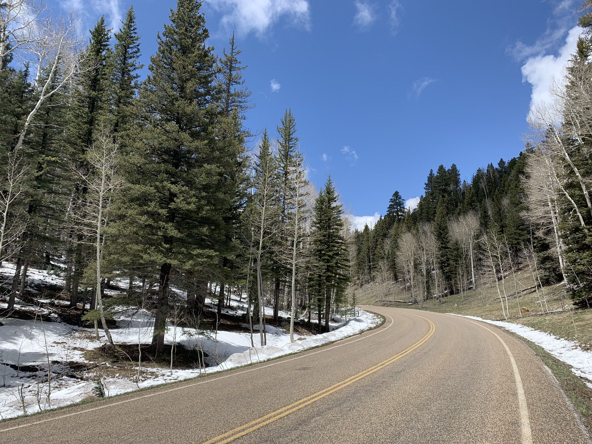Winding road through a snowy forest under a bright blue sky. - Arizona Trail North Rim Loop
